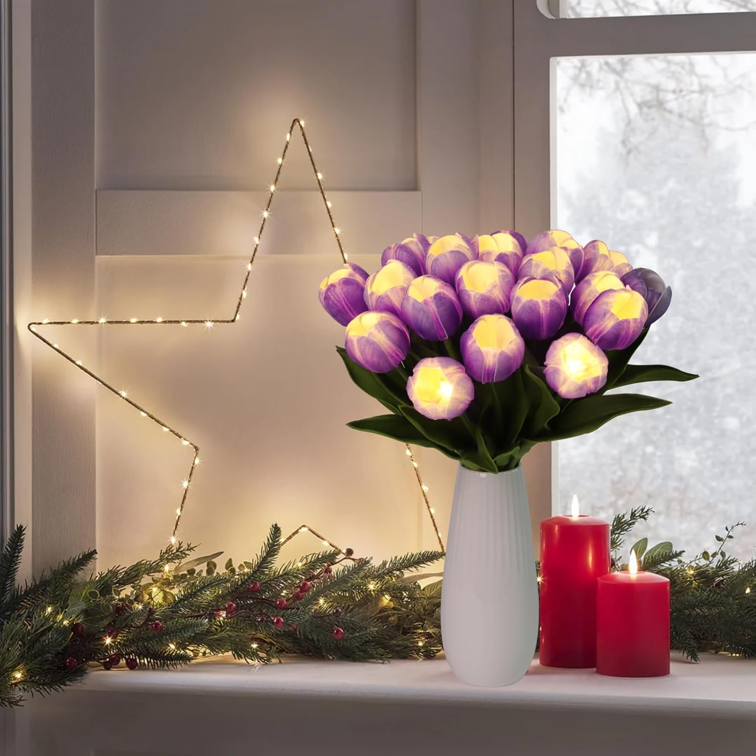 20pcs LED Lighted Artificial Flowers Tulip Lamp Real Touch Tulips Faux Flower Lights for Valentine's Day and Easter Home Kitchen Wedding Dining Table Decor(Purple) - Image 4