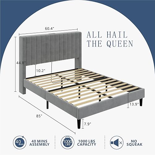 Miniatura 31 de VanAcc Base de cama tamaño Queen, plataforma tapizada de terciopelo con cabecera capitoné de canal, base de colchón con listones de madera, no