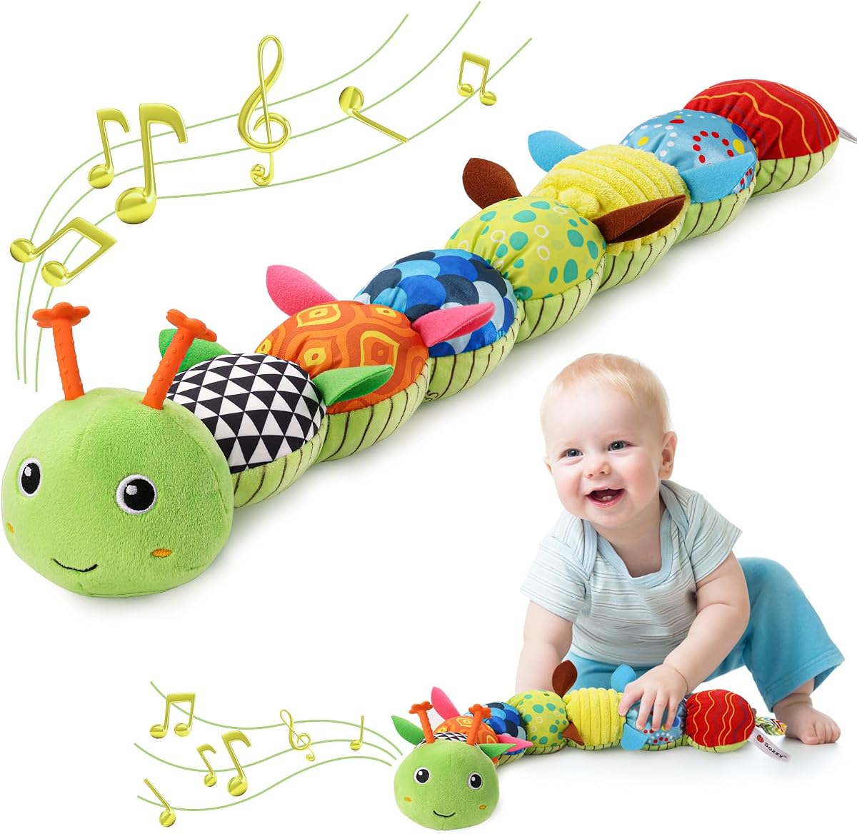 Juguetes para bebés de 0 a 12 meses Animales de peluche musicales Juguetes sensoriales para bebés | Juguetes de peluche suaves con arrugas multisensoriales, sonajero y texturas, juguetes infantiles para el tiempo boca abajo para niños recién nacidos y niñas, Caterpillar, verde
