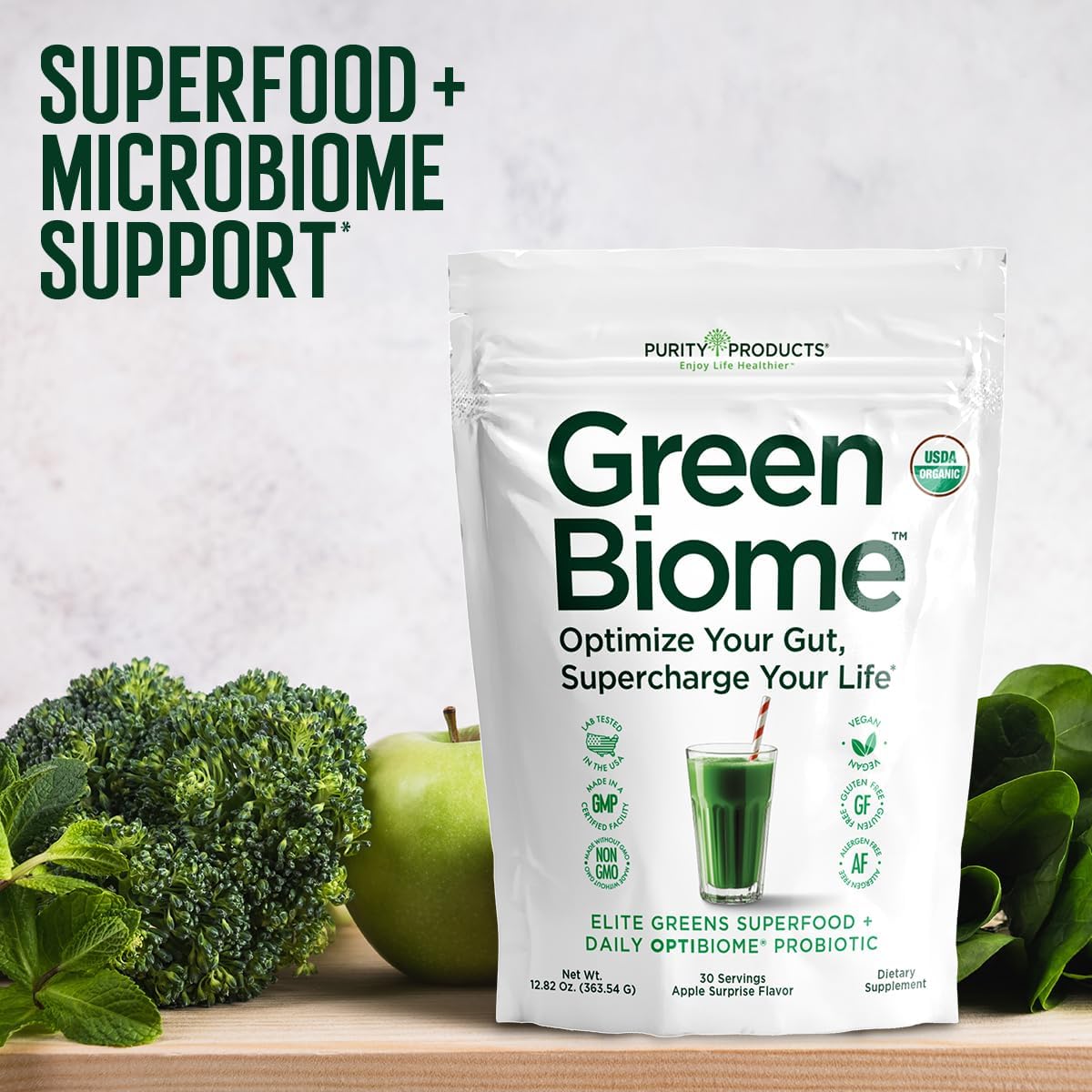 Green Biome - Elite Organic Greens Superfood + Daily OptiBiome Probiotic - Optimized to Promote Bloating Relief, Digestive Comfort + Regularity, Energy - Vegan. Gluten Free -Apple Flavor - 30 Servings