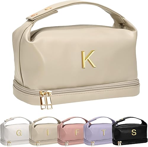 Vista 184 de Regalos Vogewood para mujeres, bolsa de maquillaje personalizada con asa, bolsa de cosméticos inicial de doble capa con organizador de brochas