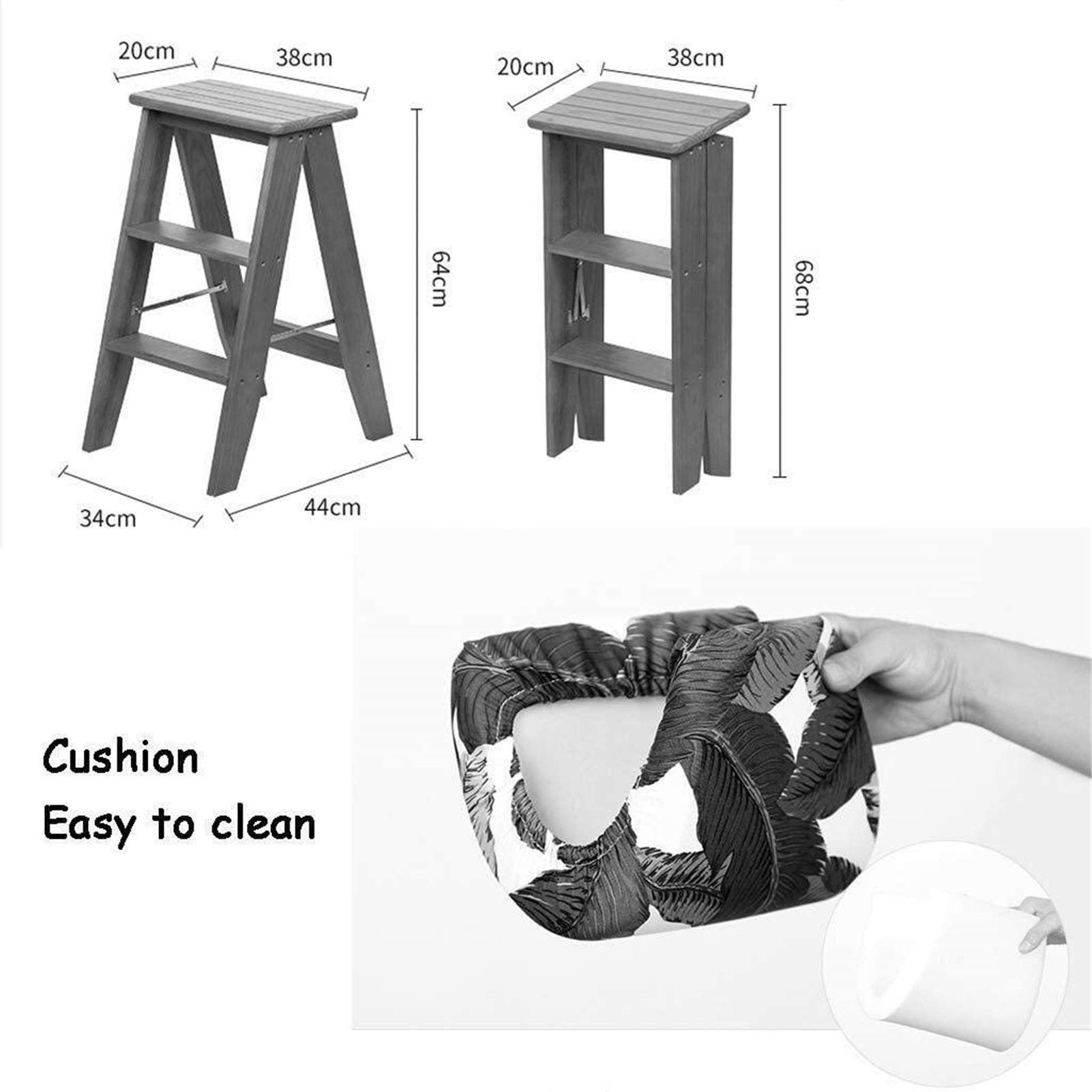 DASHADAO Taburete de Escalada para Interiores, Taburete de Escalera portátil, Taburete de Andador Plegable/Escalera de 3 Rollos, Silla de Comedor, Asiento de Esponja de Madera, Taburete alt