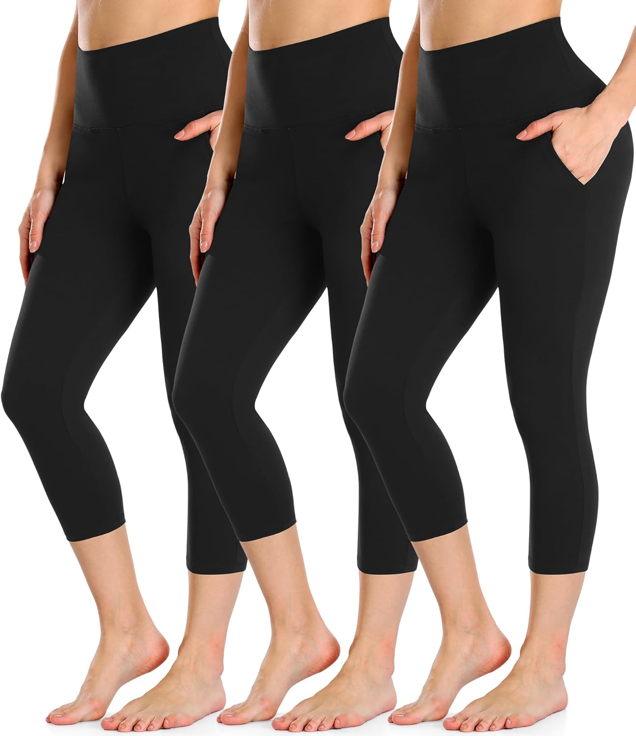 FULLSOFT 3 Pack Capri Leggings for Women - High Waisted Tummy Control Black Workout Yoga Pants