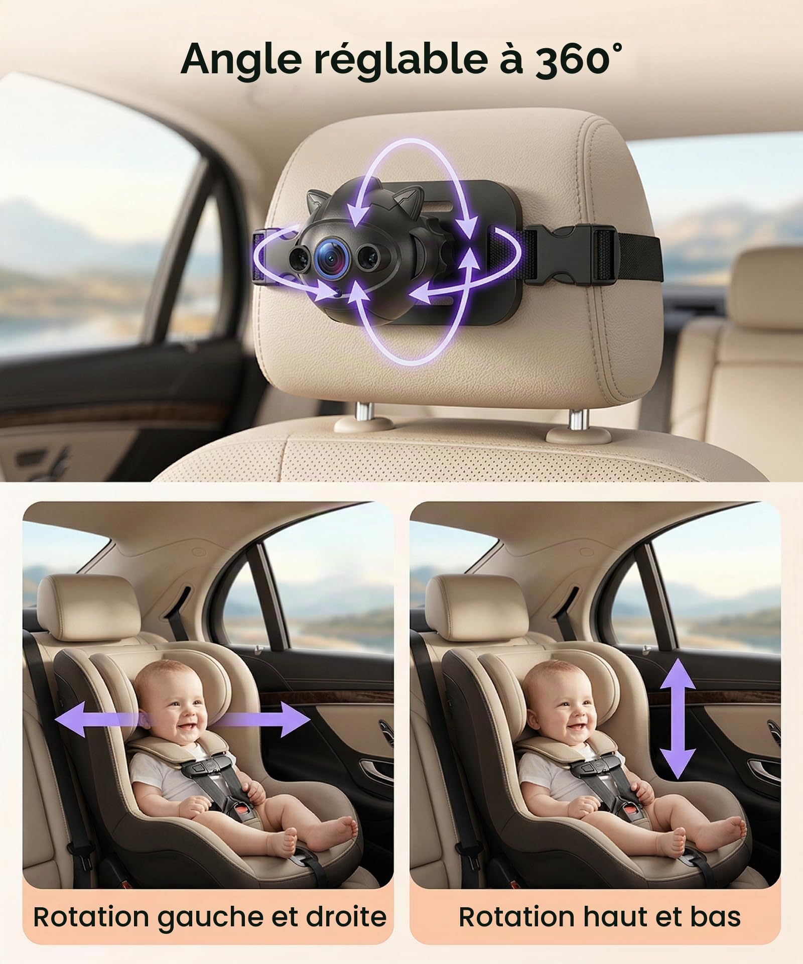 Rimoody Baby Caméra de Voiture pour Siège Arrière, Moniteur Miroir de Vue Arrière Bébé 4,3 Pouces IPS, Retroviseur Voiture Bebe Main Libre Bluetooth & Musique, Vision Nocturne, Lumières Sept Couleurs