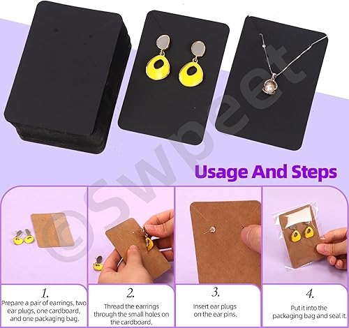 Miniatura 5 de Swpeet Juego de 300 tarjetas de exhibición de aretes negros, 100 tarjetas cuadradas de 3.5 x 2.4 pulgadas con 100 respaldos de silicona para aretes