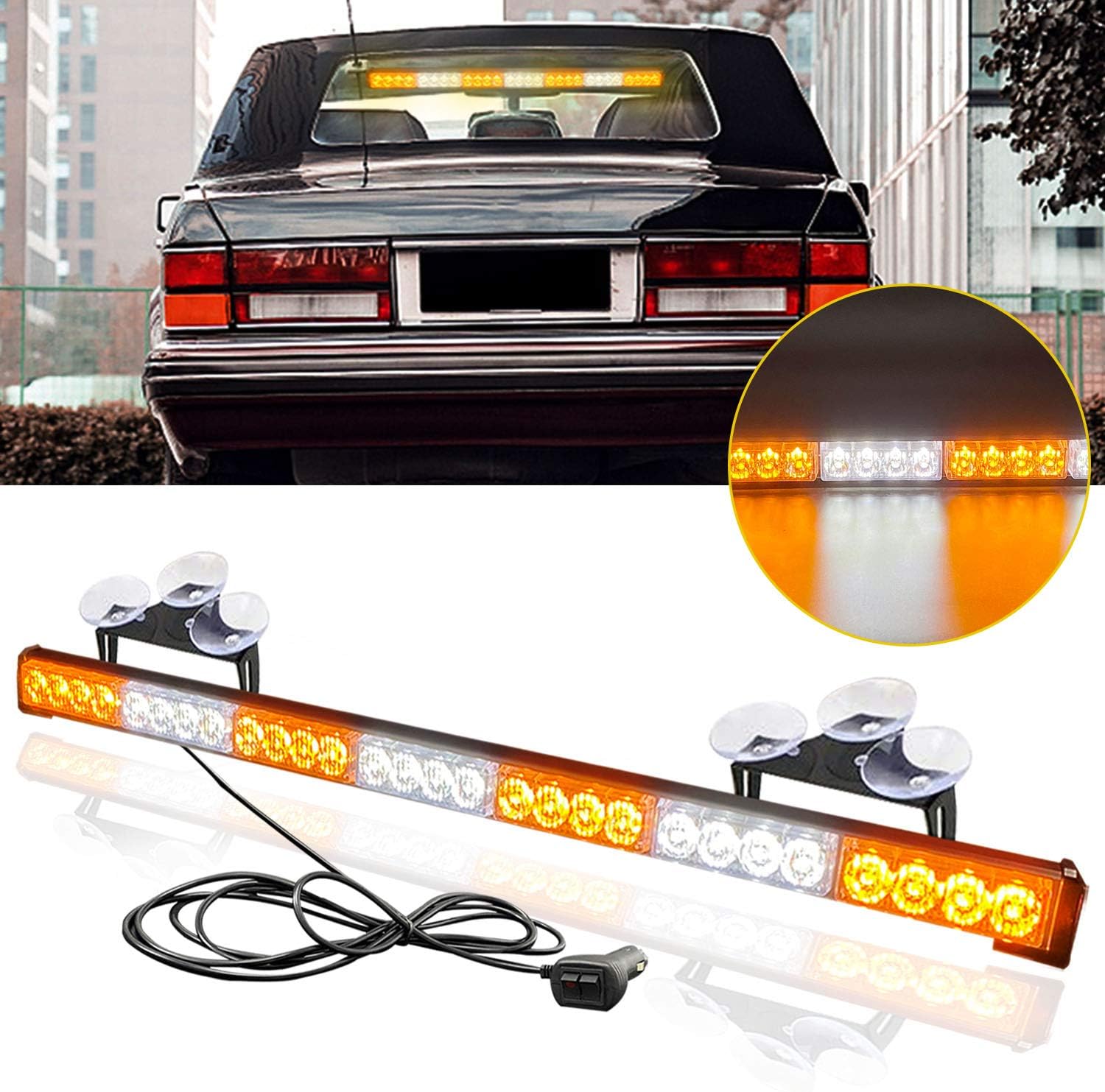 LED Traffic Advisor Strobe Light Bar DIBMS 30 Inch 13 Flash Patterns Emergency Warning Hazard Windshield Safety Lights Bar with Cigar Lighter for Cars Trucks Law Enforcement Vehicles SUV (Amber White)