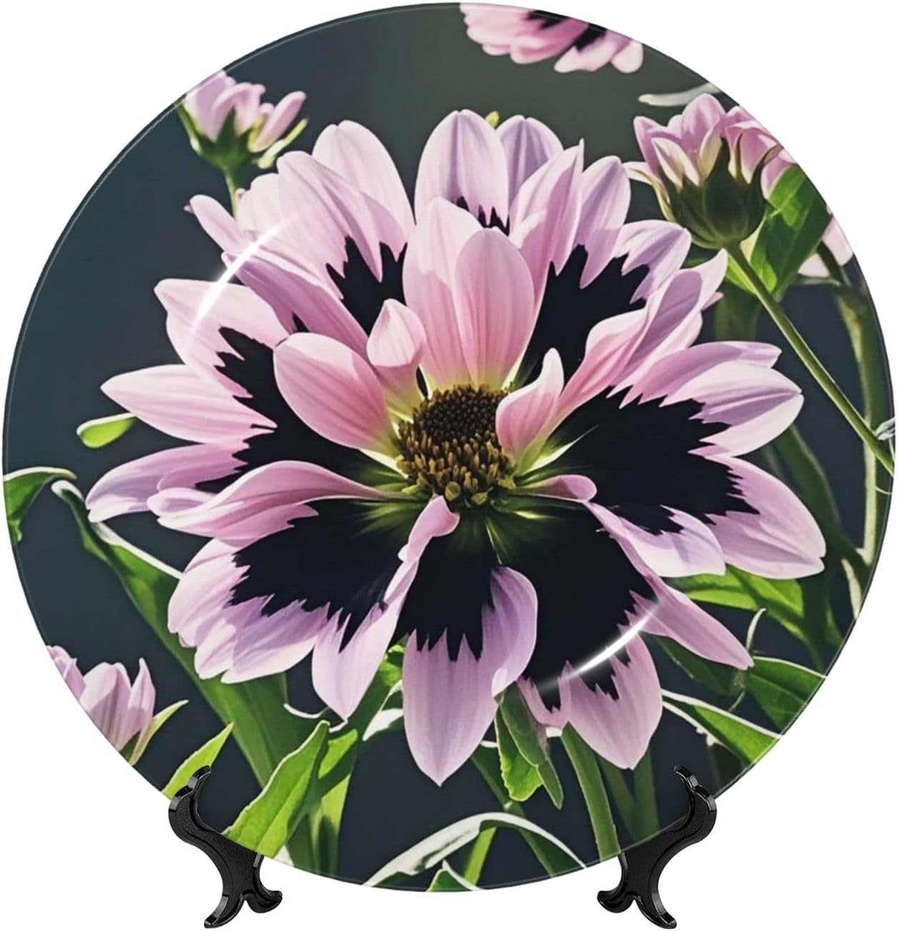 Bone China Decorative Plate with Display Black Flower Ceramic Plates Crafts Art Decor Dessert Plate Ceramic Ornament Porcelain Plates for Living Room Kitchen Table Home Decor