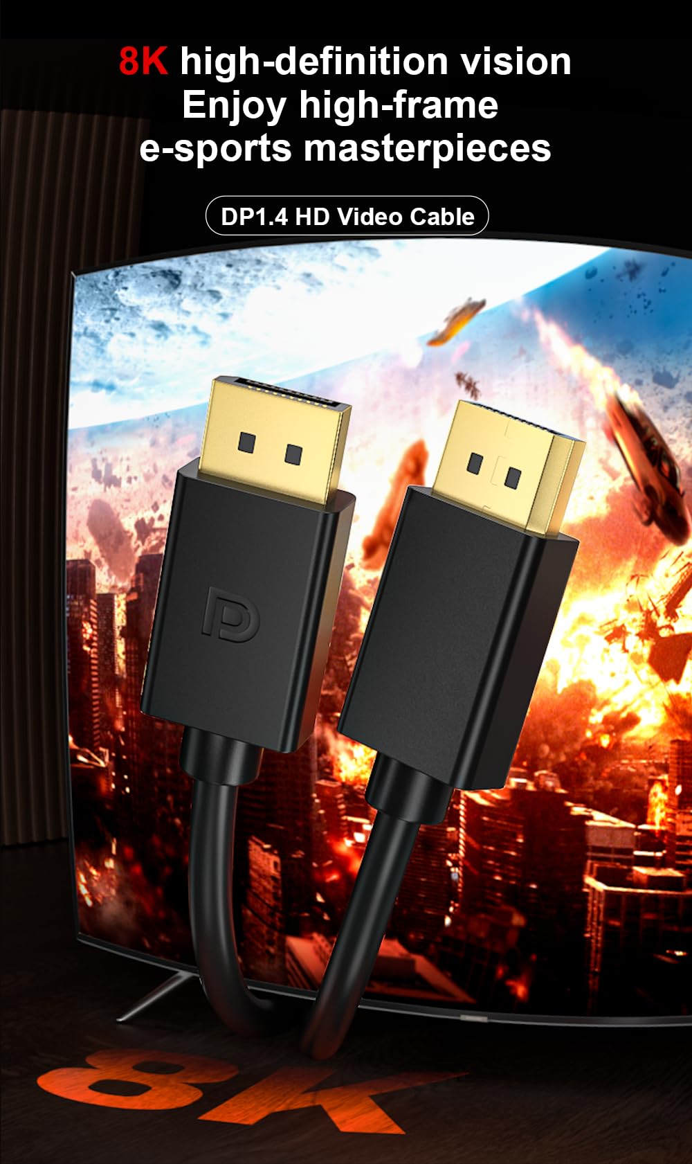 QCEs Cavo DisplayPort 1.4, cavo DP 8K da 2 m, cavo DisplayPort per 8K a 60Hz, 4K a 144Hz, 2K a 240Hz, HDR, connettori placcati oro da 32,4 Gbps per monitor da gioco, FreeSync/G-Sync, PC, laptop, TV