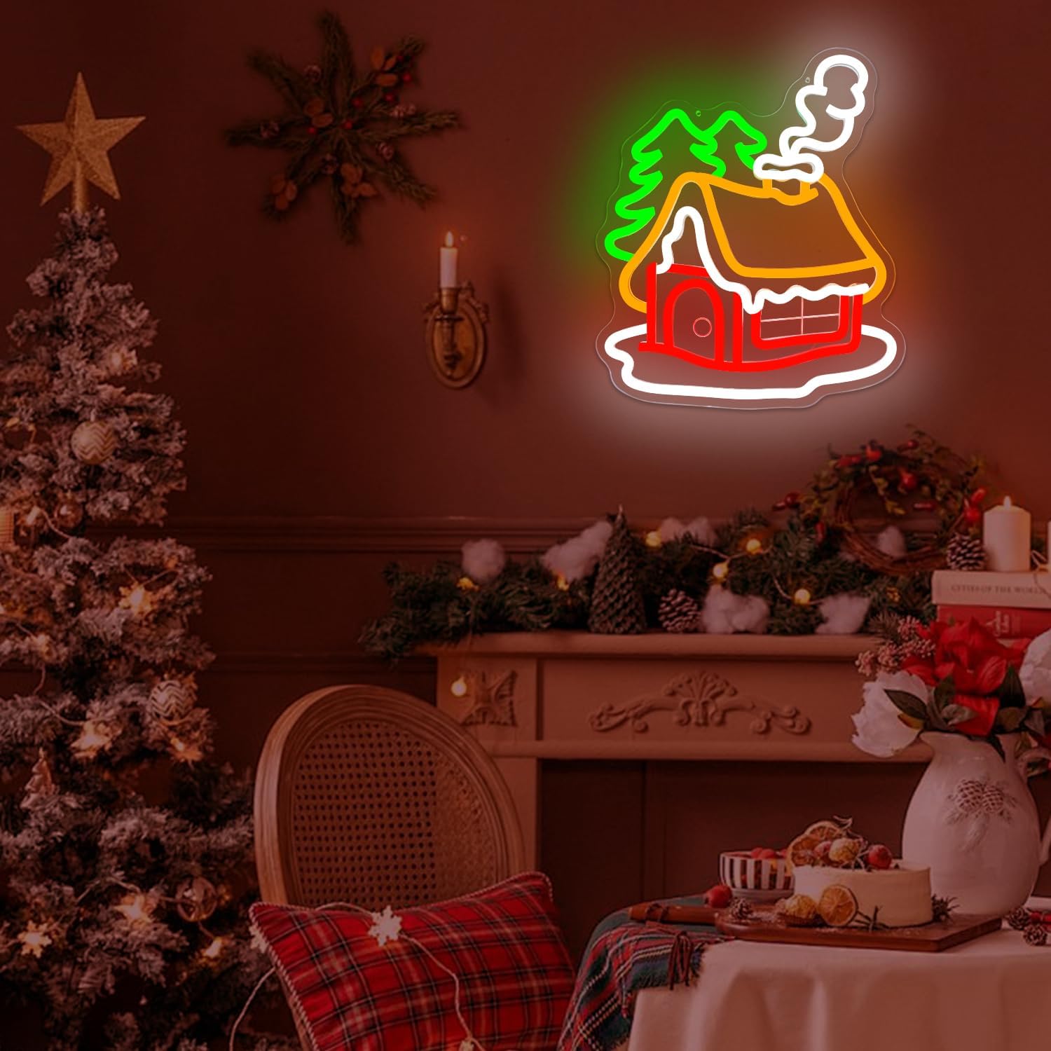 Christmas Neon Sign Christmas Village Houses Neon Sign for Wall Decor Winter House Led Signs Xmas Houses Village Neon Light Up Signs for Holiday Window Bedroom Party Home Living Room Decoration - Image 7