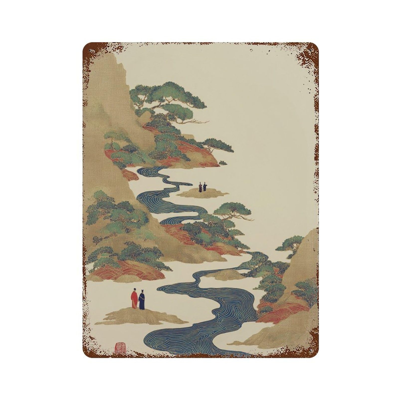 xiaoxiaoshen Japanese Landscape Winding River Mountain Zen Nature Scenery Oriental Blue And G Wall Decor Art Metal Tin Poster Modern Home Decor Art Home Bar Shop Decorations Vintage Sign 40x30cm