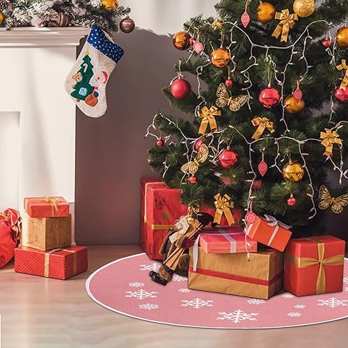 Miniatura 25 de MACTING Falda de árbol pequeño de Navidad, falda de árbol de arpillera roja de 23 pulgadas con copo de nieve blanco impreso para vacaciones, hogar