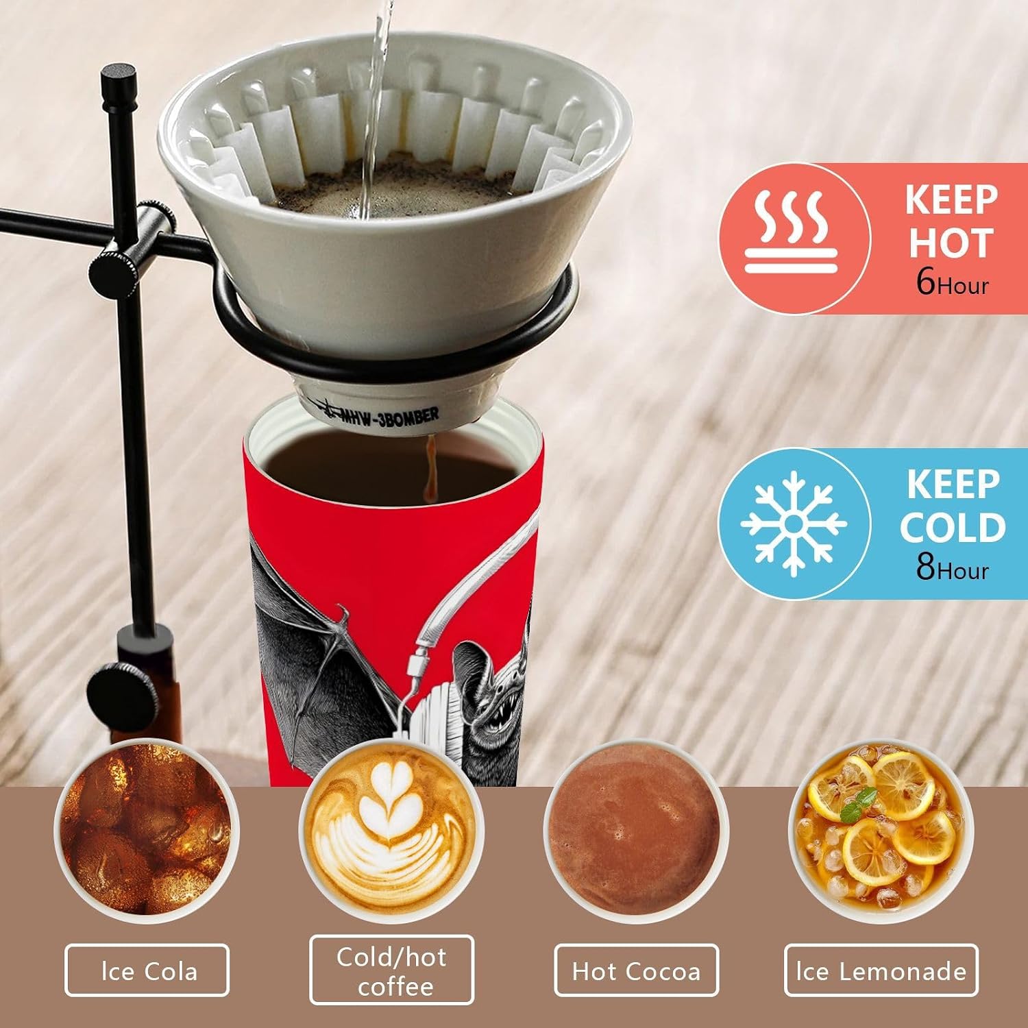Insulated Coffee Mug Bat Headphone Wing with Straw & Flip Lid, 16.9oz Iced Tumbler Cup, Double Wall Vacuum Mug for Travel Office Camping