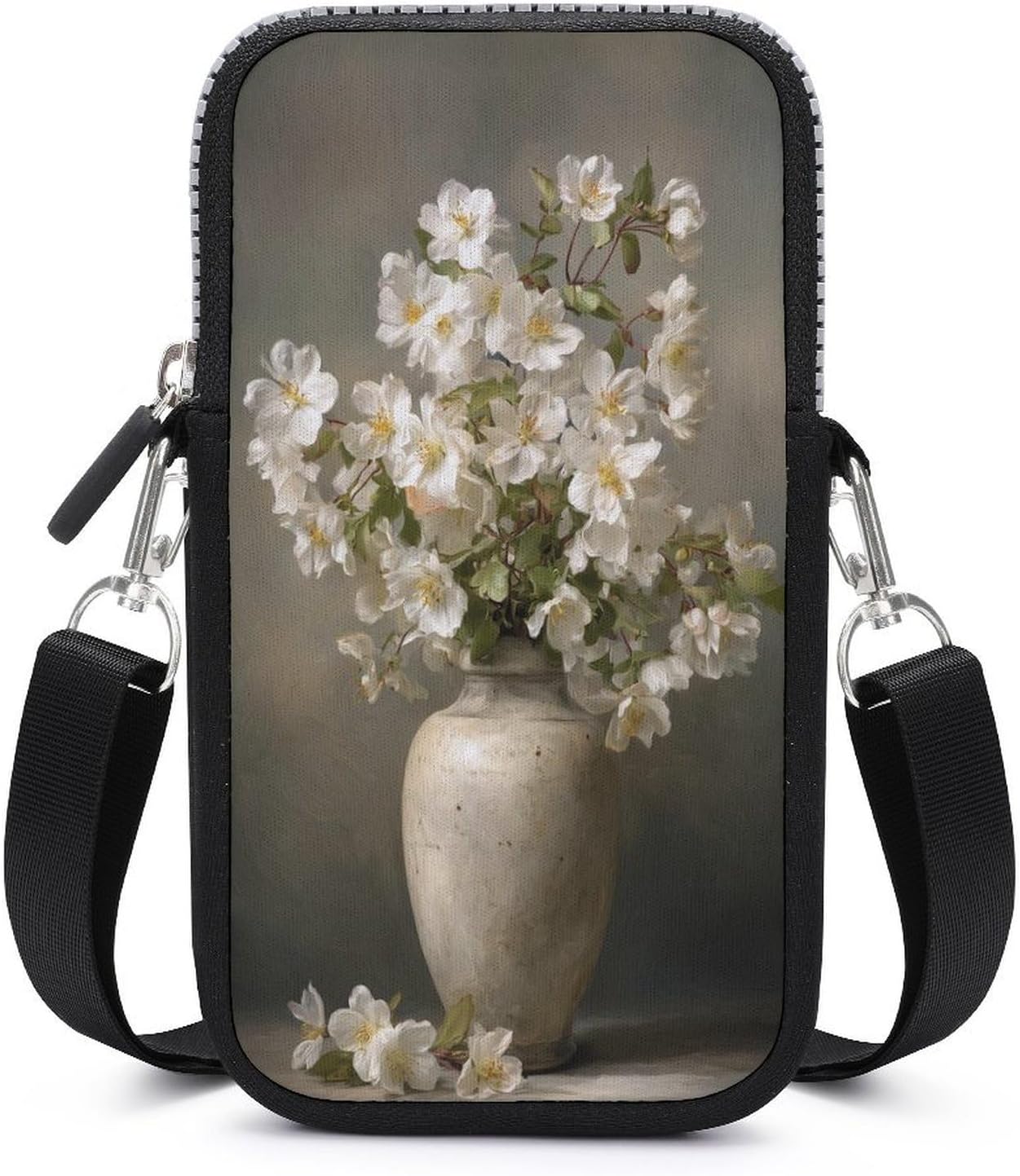 Vintage Ceramic Vase with White Flowers Crossbody Mobile Phone Bag Smartphone Bag With Adjustable Strap