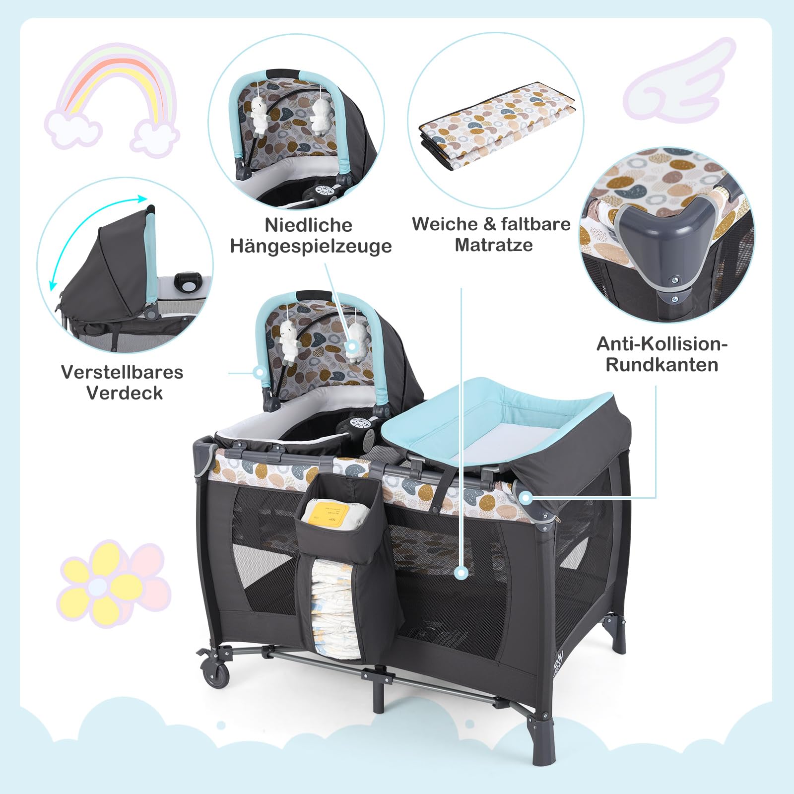 COSTWAY 5 in 1 Beistellbett Baby, Reisebett mit Matratze, Kinderreisebett inkl. Wickelauflage, Babywiege & Spieluhr, Stubenwagen mit Rollen, Babybett für Baby bis 36 Monaten (Blau Punkt)