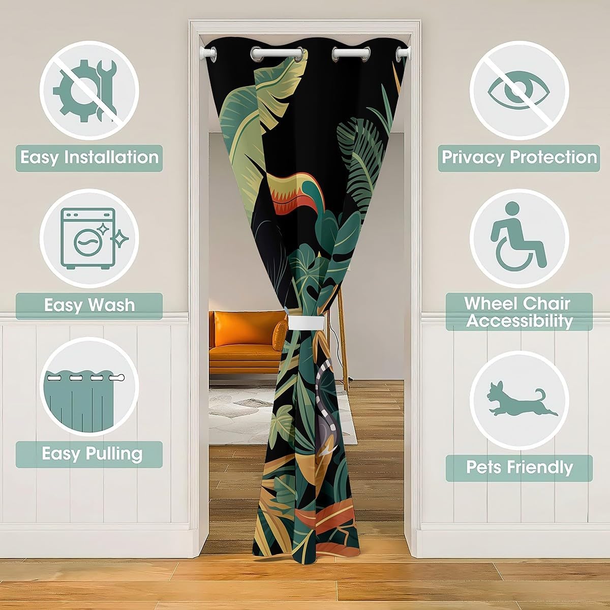 Tropical Jungle Theme Door Curtain 42" W X 80" L Cartoon Toucan Cute Wild Animals Doorway Curtain Privacy for Kids Teens Adults Watercolor Palm Leaves Natural Plants Door Drape for Bedroom Closet Door