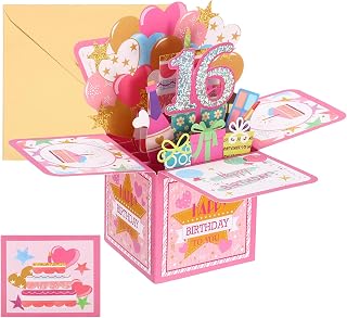 PATIKIL 16. Geburtstagskarte, Pop-Out Geburtstagskarte Lustige Karte Süß 3D mit Grußkarte und Umschlag Geschenk Beste Freundin Dekorationen, Pink