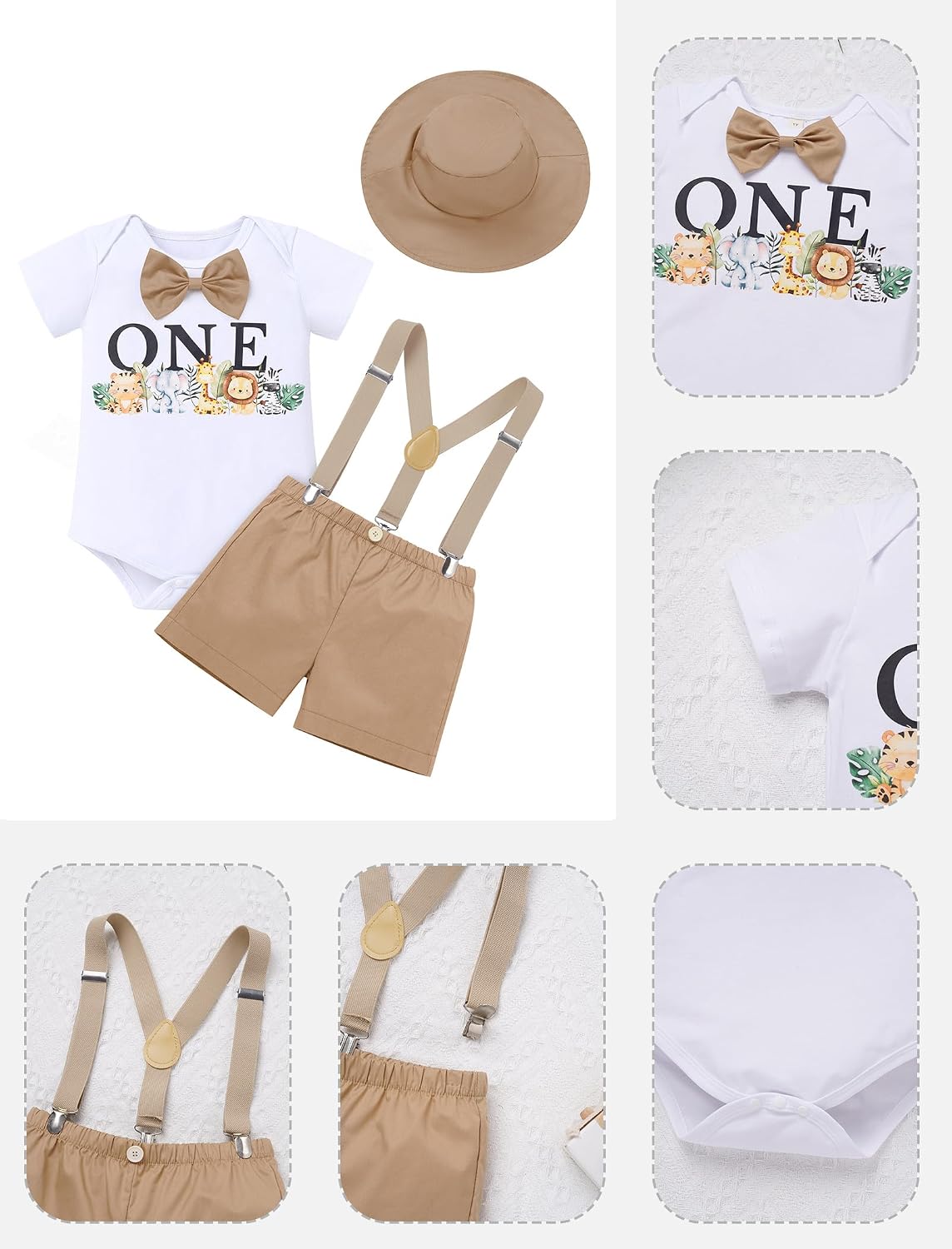 IDOPIP First Birthday Outfit Boy Baby Lion Cake Smash Clothes Safari Animals Romper Suspenders Shorts Hat Set for Photo Shoot