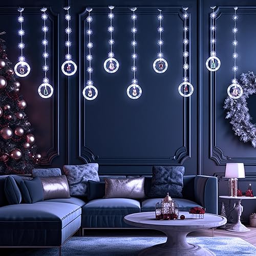 Miniatura 8 de BLOOMWIN Decoraciones navideñas iluminadas para ventana, 10 pies, 120 luces LED de cortina de Navidad con copo de nieve, adornos de carámbanos LED,