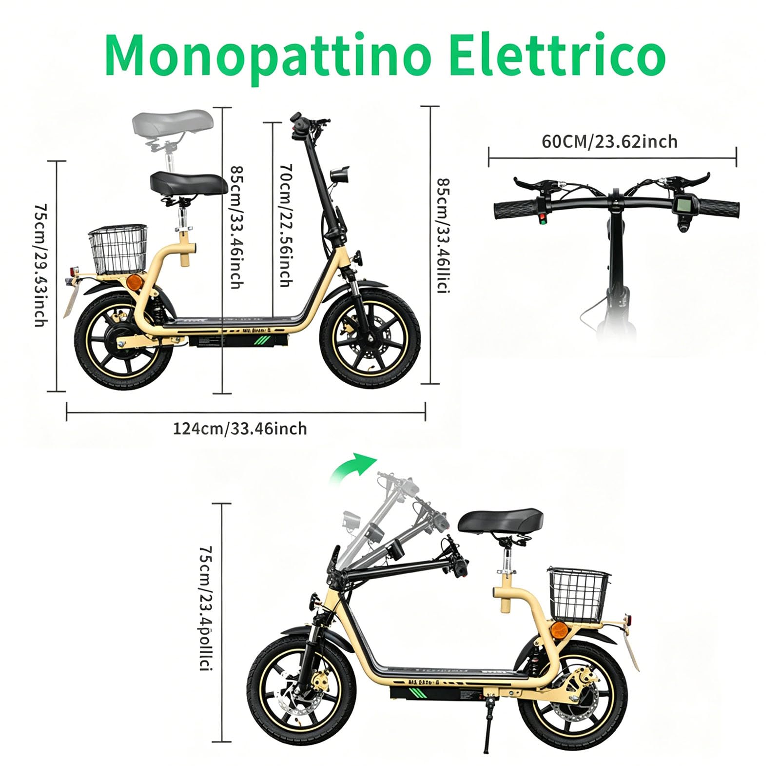 Monopattino Elettrico Pieghevole per Adulti, Scelta Ideale per Gli Spostamenti Quotidiani, Cambio a 3 Velocità, Con Specchietto Retrovisore, Display, Doppia Sospensione