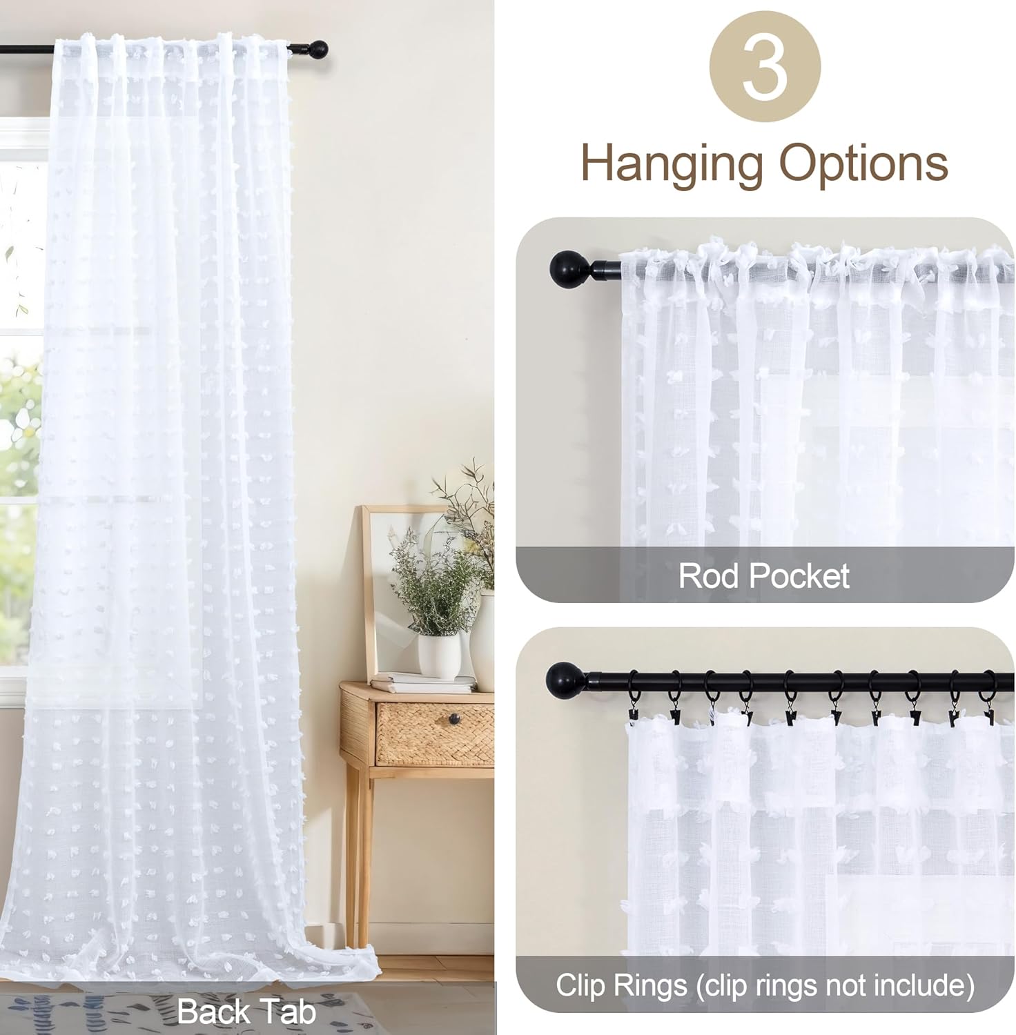 White Pom Pom Sheer Curtains 96 Inch Length 2 Panels Long for Living Dining Room White Cute Pattern Textured Drapes for Bedroom Boho Farmhouse Vintage Country Rustic Curtain 52x96 Inches Long 8FT