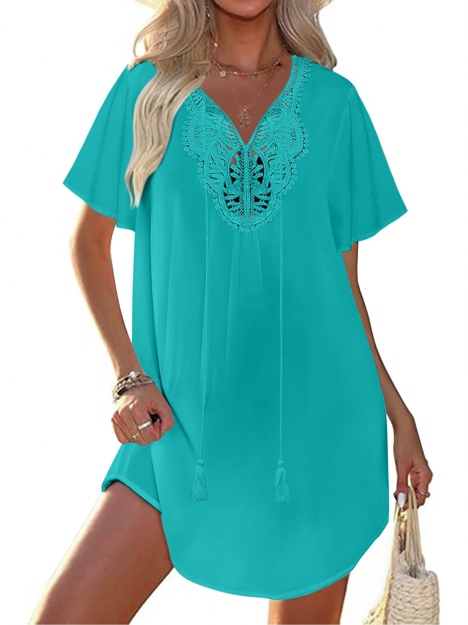 Ekouaer Swimsuit Cover Ups for Women Lace Crochet V-Neck Bikini Beach Coverups Dress for Swimwear Bathing Suit