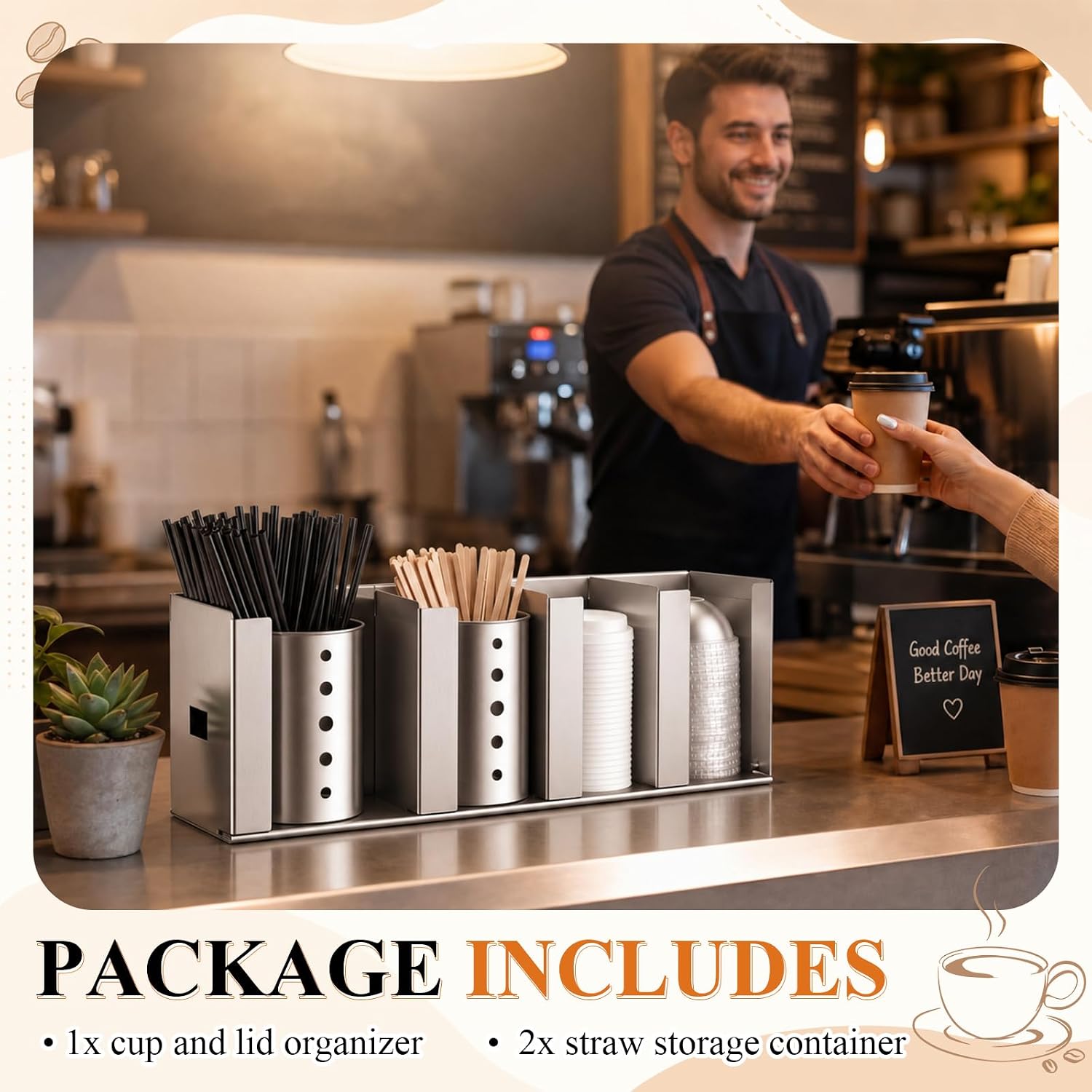 Hicarer 4 Compartments Stainless Steel Cup Dispenser with 2 Straw Holder