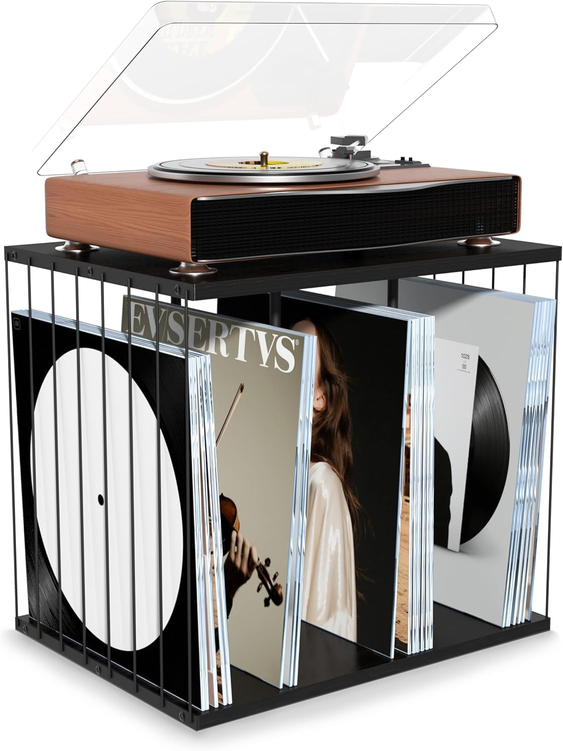 Przechowywanie płyt winylowych, metal i drewno, uchwyt ścienny na płyty winylowe, do 80 albumów, 3-komorowy stojak na płyty winylowe, na czasopisma, książki, akta, albumy (czarny)