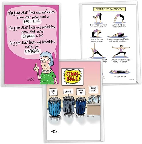 NobleWorks Paquete surtido de 3 tarjetas de felicitación de cumpleaños humorísticas con sobres (3 diseños, 1 cada uno) Risa para damas VC7960BDG-C1x3