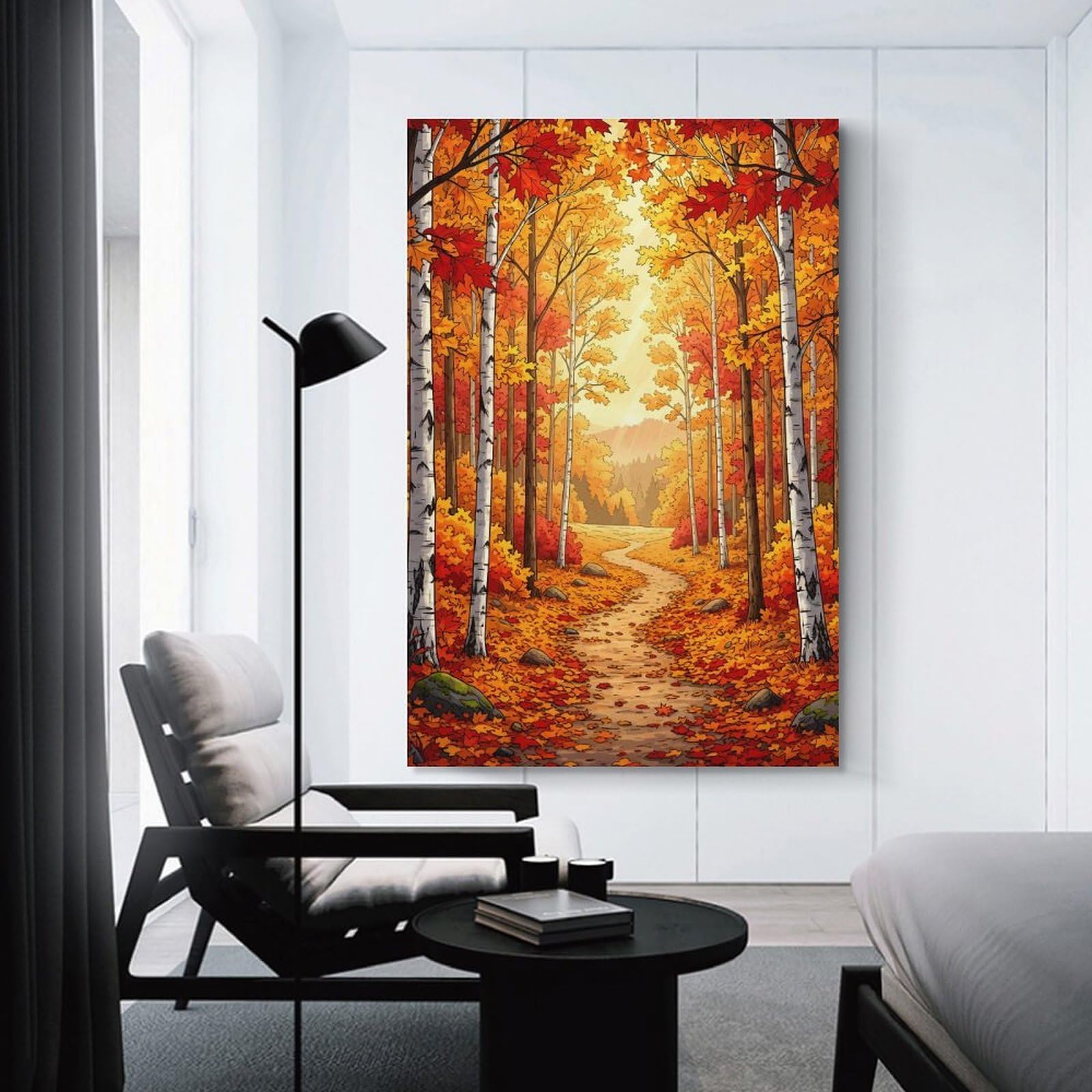 Junmoney Autumn Forest Path Wall Picture Print 24x36inch(60x90cm), for Home Office, Desk Area Or Studio, Home Office Artwork with Decorative Appeal