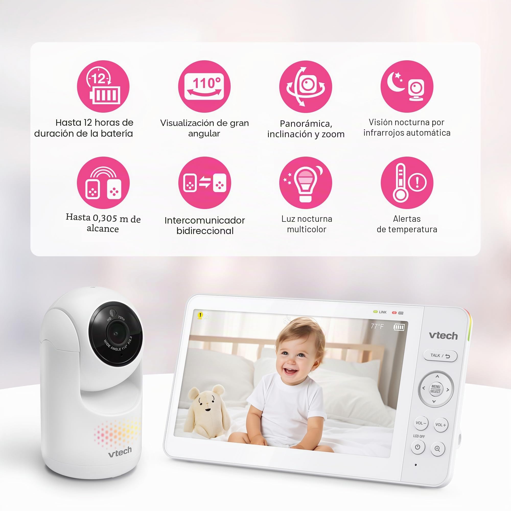 VTech [Monitor de bebé actualizado 2025 con visualización IPS de 7 Pulgadas, cámara panorámica con Zoom panorámico, Monitor de bebé de Video sin WiFi con cámara y Audio, luz Nocturna Multicolor
