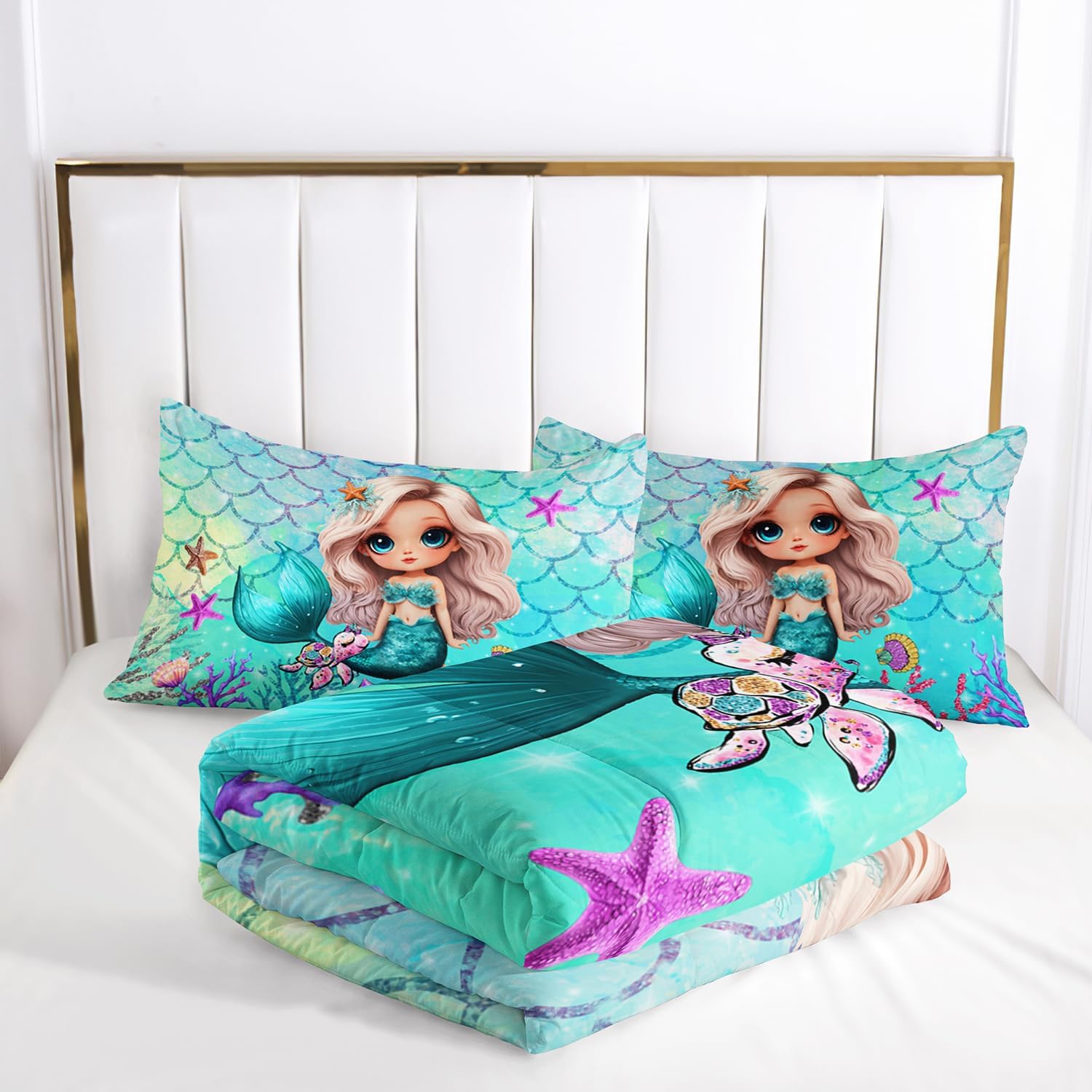 AILONEN Girls Mermaid Comforter Set, Twin Size, 3 Pieces Kids Bedding Set, Cartoon Mermaid Scale Print Quilt with 2 Pillowcases