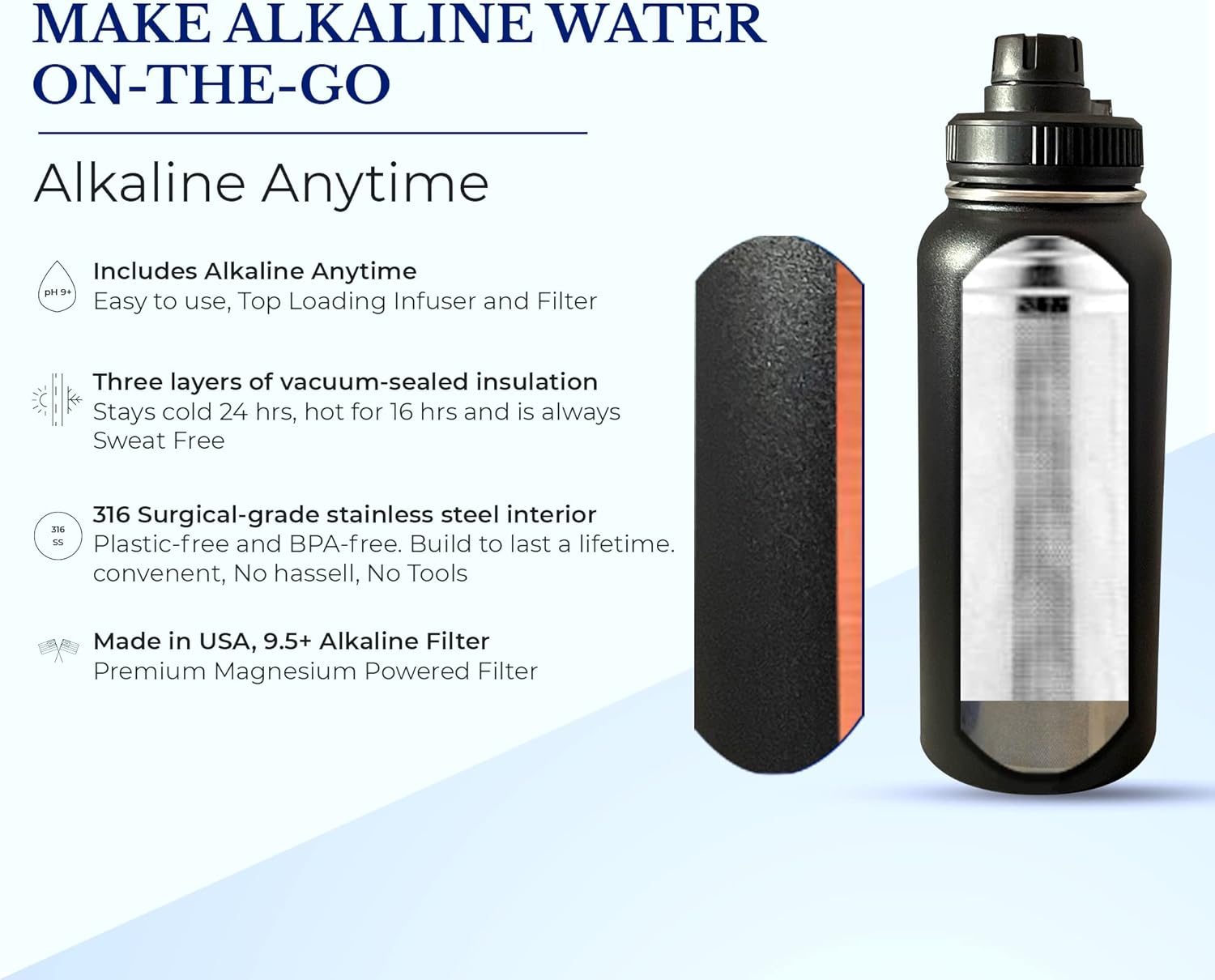 Alkaline Anytime 32oz Stainless Steel Alkaline Water Bottle | Premium 9.5+ pH | Wide Mouth Insulated Bottle | Carry Handle Lid | Alkaline Ionized Water | Infuser (Large Infuser and 3 Filters, Black)