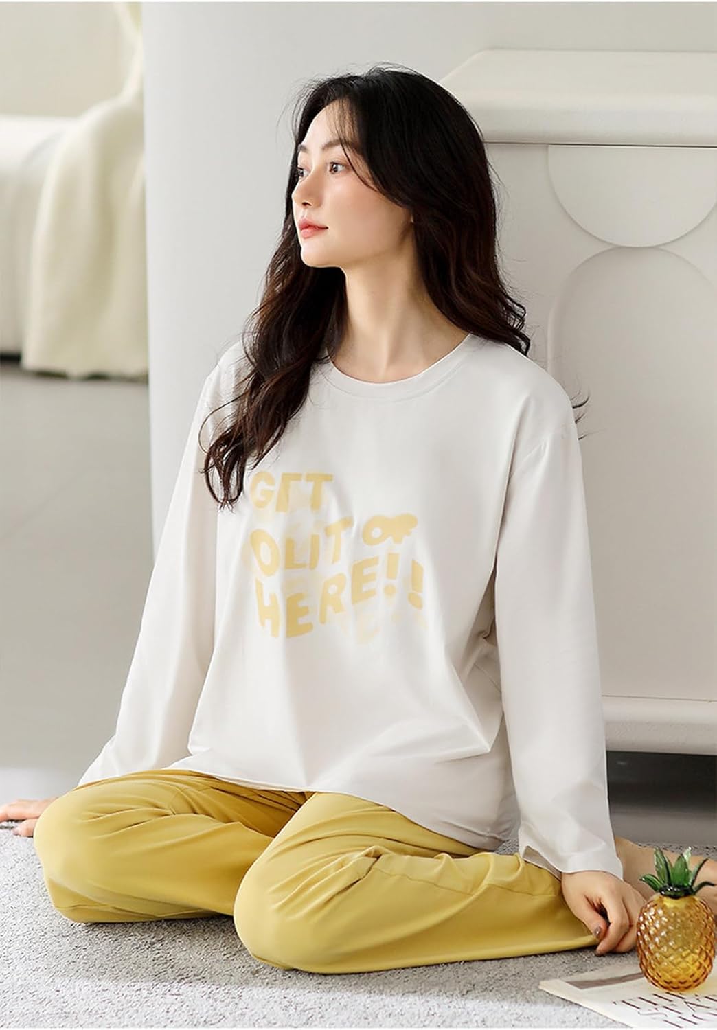 [GUREITOJP] 長袖 Tシャツ パジャマ レディース ラウンドネック プルオーバープル 綿100% 春秋 ルームウェアセット