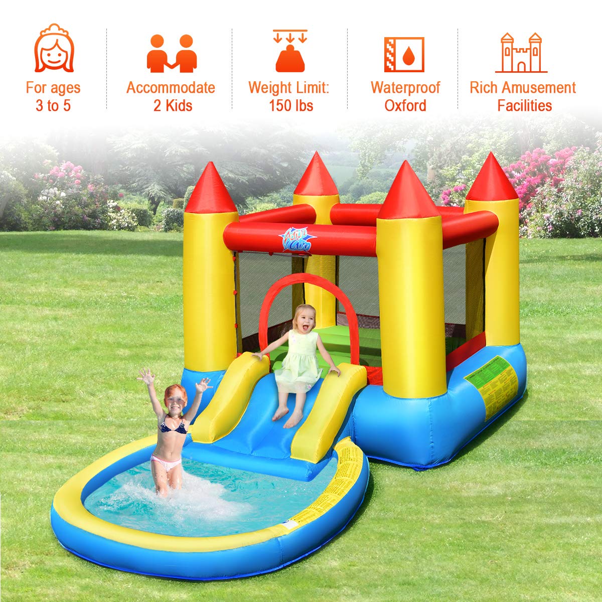 FANTASK Hüpfburg Kinder, hüpfburg Innen- und Außenbereich inkl. Rutsche, Sprungbereich & Planschbecken, Bouncy Castle für Kinder, 362 x 196,5 x 193 cm