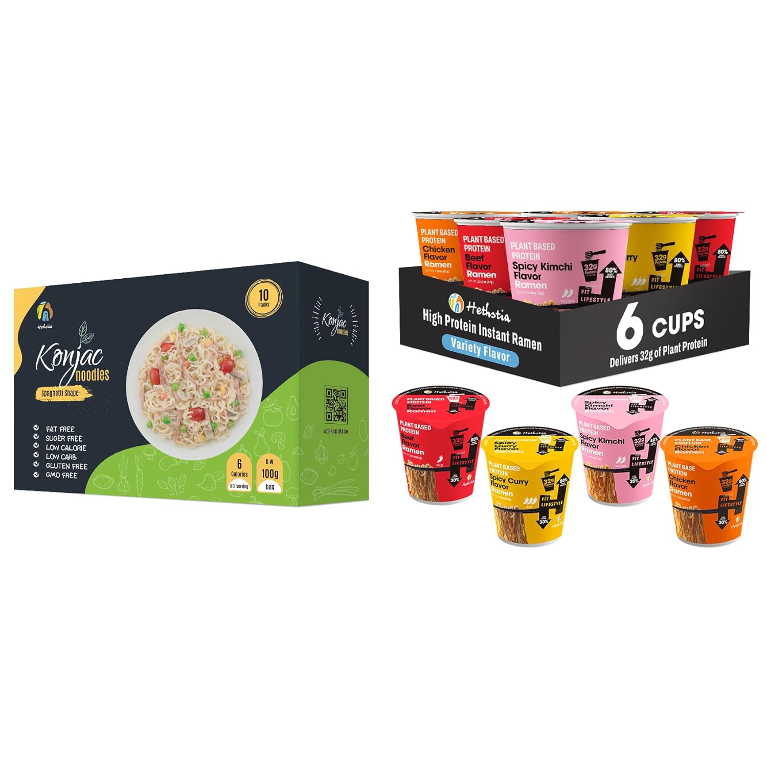 Hethstia Konjac Spaghetti 10-Pack & High-Protein Ramen Variety 6-Pack Bundle – Low Carb Shirataki Pasta, 32g Plant Protein Vegan Ramen Cups, Gluten-Free, Keto, Non-Fried, Low Fat, Healthy Quick Meal
