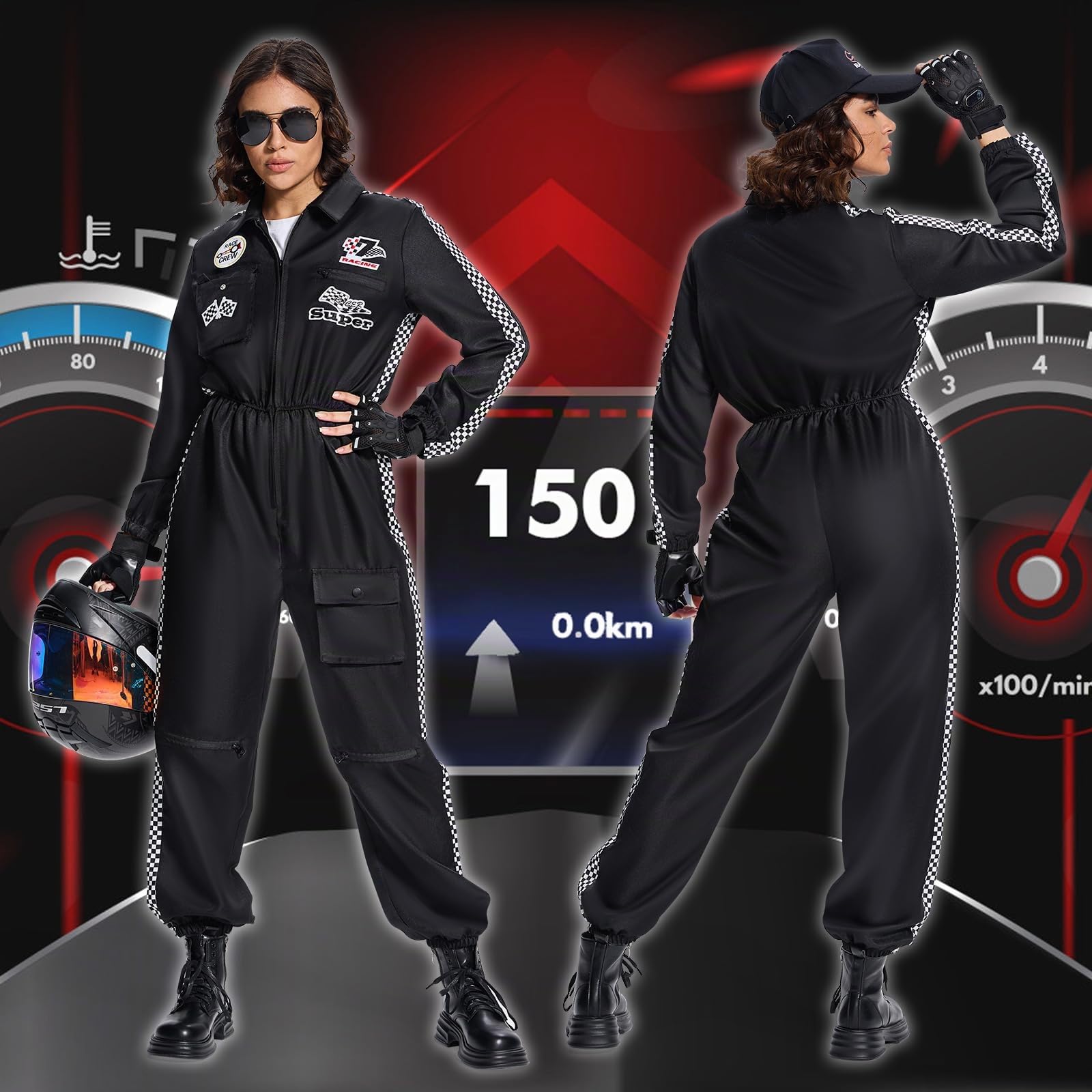 BuzzoXerex Rennfahrer Kostüm Damen, Rennfahrer Anzug Damen mit Handschuhe, Hüte, Sonnenbrille Rennfahrer Kostüm Overall Jumpsuit für Karneval, Party, Cosplay (Schwarz, L)
