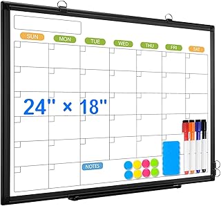 Dry Erase Calendar Whiteboard for Wall, 24" x 18" Magnetic Monthly White Board Calendar