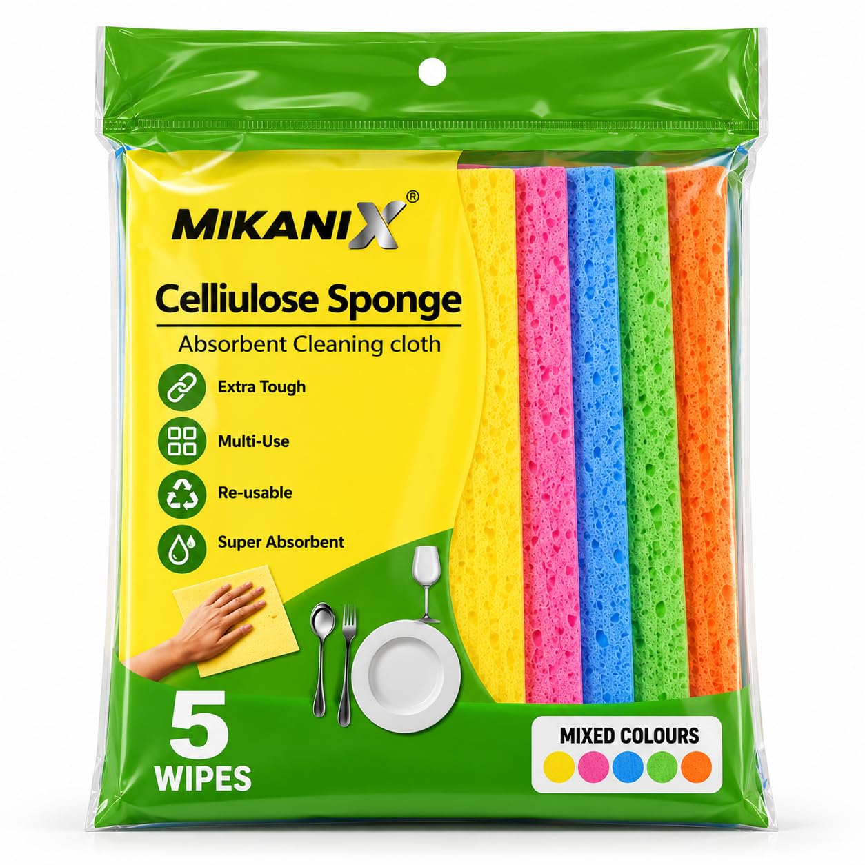 MIKANIX Cellulose Sponge Cloth, Super Absorbent Reusable Kitchen Cleaning Cloth for Utensils, Dishes & Surfaces, Multipurpose Cleaning Wipes (Pack of 5)