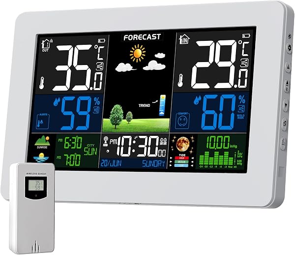 Stazione Meteo con Sensore Esterno, Barometro Digitale LCD Wireless a Colori DCF, Sveglia, Fase Lunare, Previsioni Meteo, Retroilluminazione Regolabile, Bianco - 1