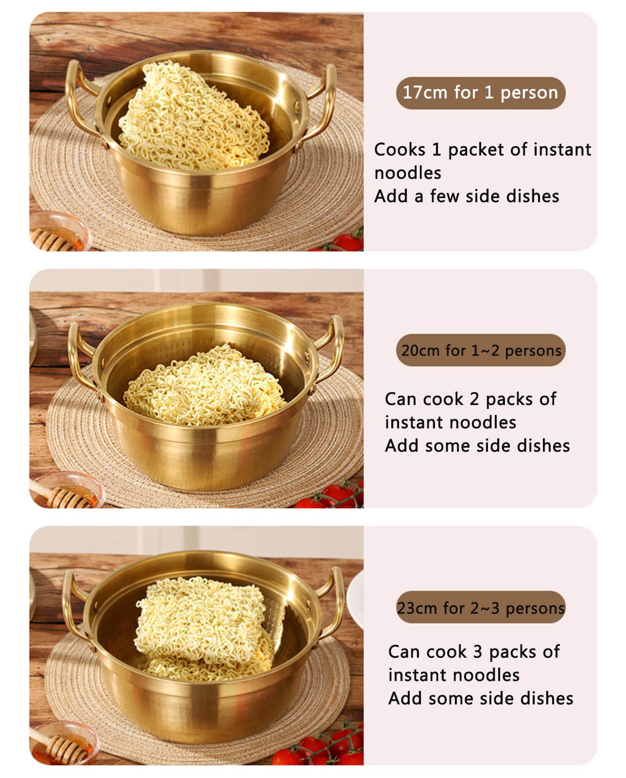 Koreanischer Ramen-Kochtopf/Edelstahl-Ramyun-Kochtopf mit Doppelgriff und Holzdeckel, 1 l, 1,5 l, 2,2 l, Suppentopf, Suppentopf, kleiner heißer Topf, ideal für Suppe, Curry, Nudeln und Eintopf, 23 cm