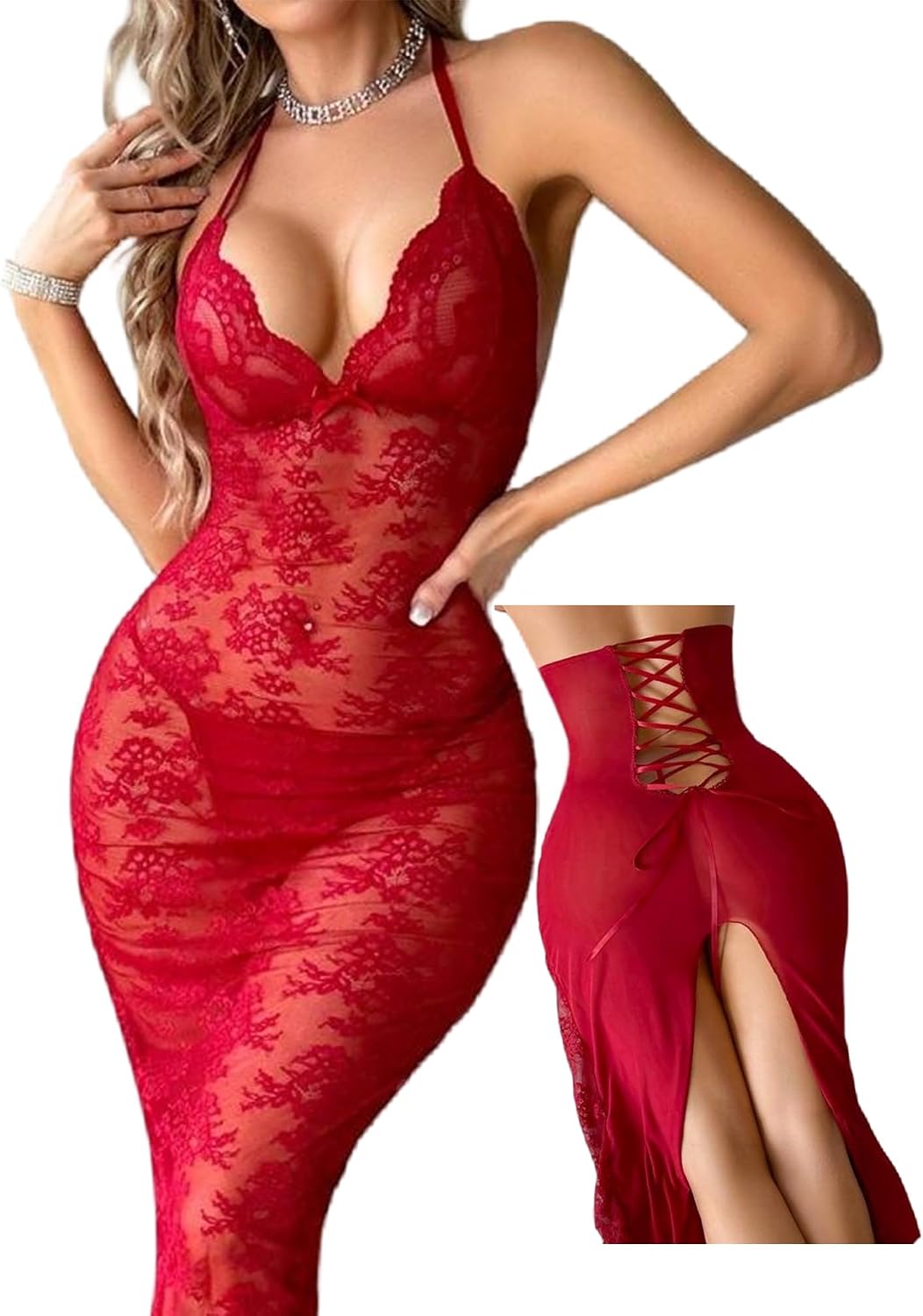 JasmyGirls Women Sexy Floral Lace Nightgown Halter Backless Dress Low Cut Open Back Dresses