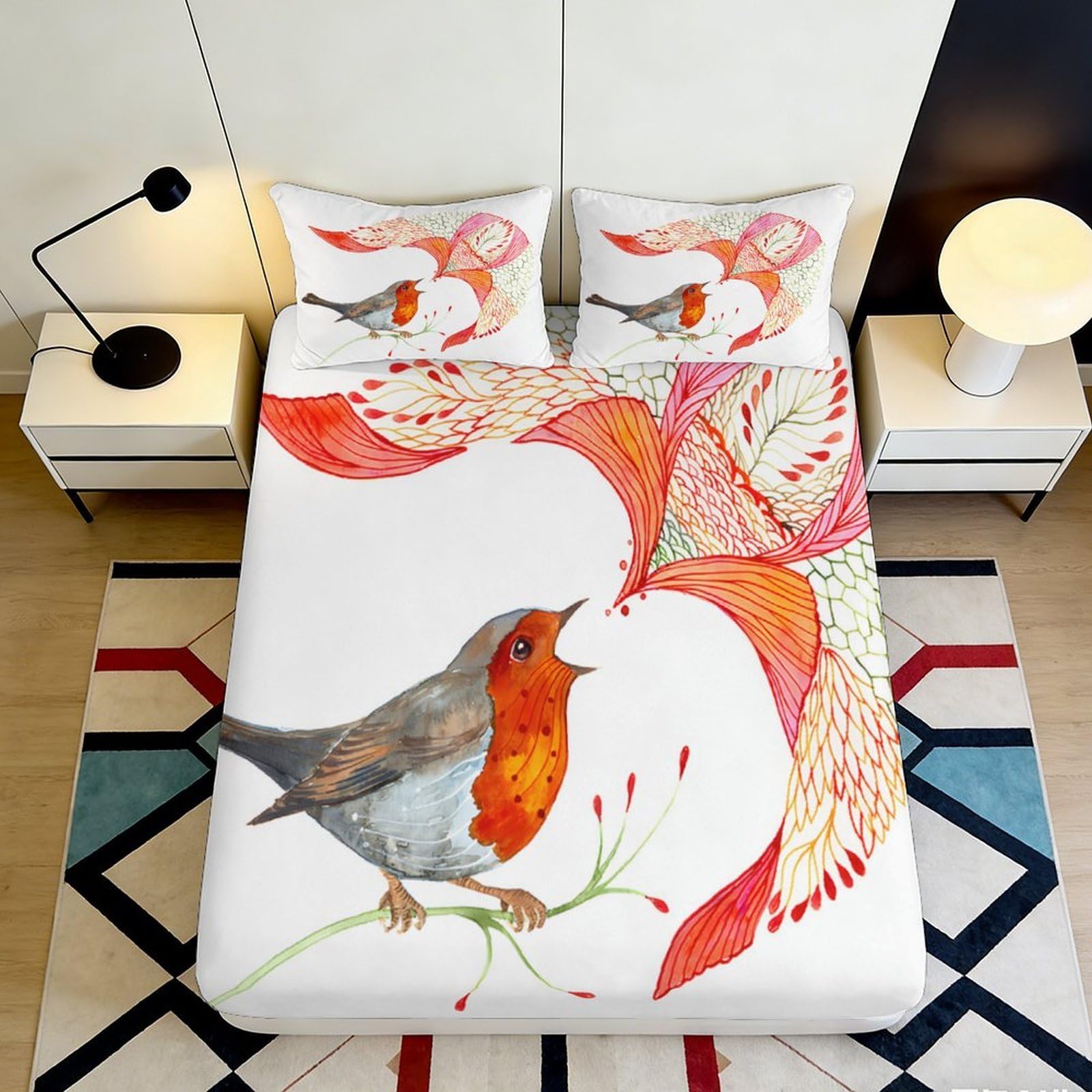 Pnayamiorkfel Style-4 3D Printed Watercolor Robin Bird Fitted Sheet Microfiber Soft Artistic Leaf Mattress Cover For Bedroom Decor 90X200x25cm