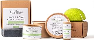 J&L Naturals Exceptional Skin Regimen Kit With Cleansing Bar, Face Salve, Konjac Sponge, Lip Balm | For Oily and Combination Skin | Zero Waste (Balance (oily, combination skin), Exceptional)