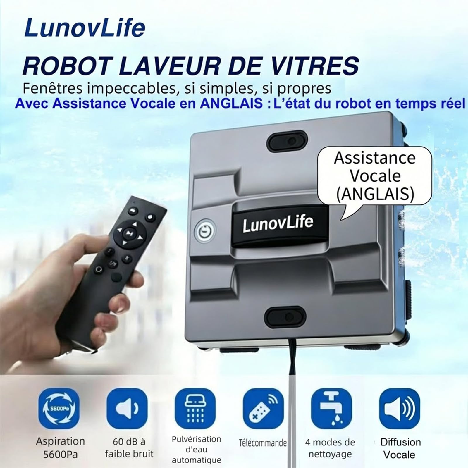 Robot Laveur de Vitre 5600Pa, Nettoyeur Vitre Automatique 6 Buses Pulvérisation, Aspirateur à Vitre Intelligent avec Télécommande & Corde de Sécurité, pour Fenêtres Intérieures et Extérieures