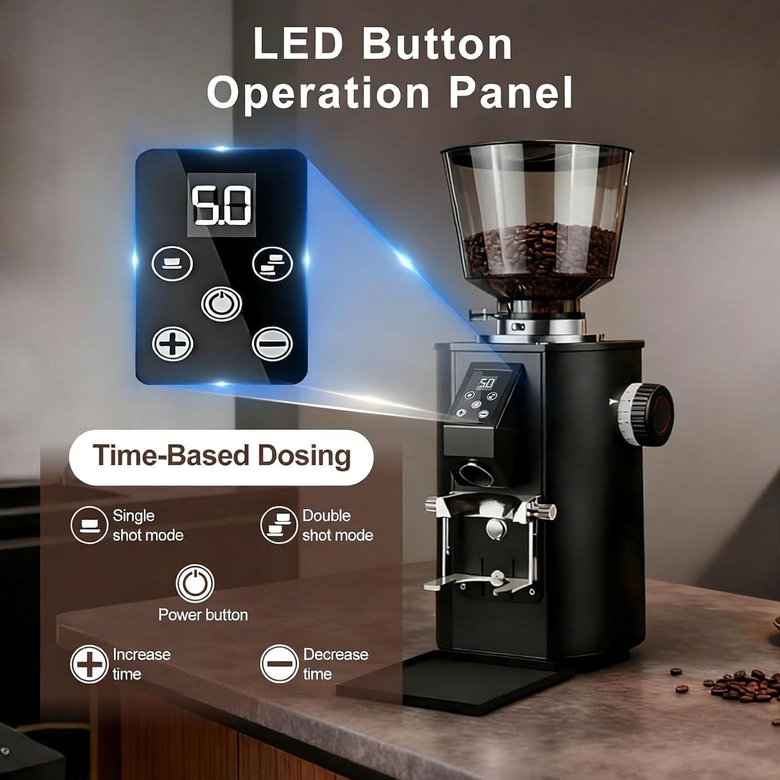 Molinillo de café eléctrico, molinillos de espresso de 450 g con 9 ajustes de molienda y muelas planas de acero de 64 mm, pantalla LED, cepillo, molinillo de especias para uso doméstico y comer white