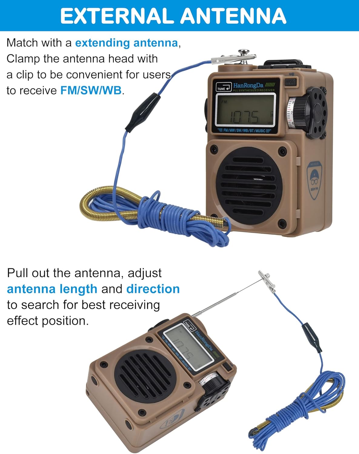 Radio, Bluetooth Speaker Support MicroSD Card, FM MW WB Shortwave Receiver with NOAA Alerts and Sleep Timer, Rechargeable Retro Digital Radios with Backlit and Alarm for Camping HRD701 - Image 7