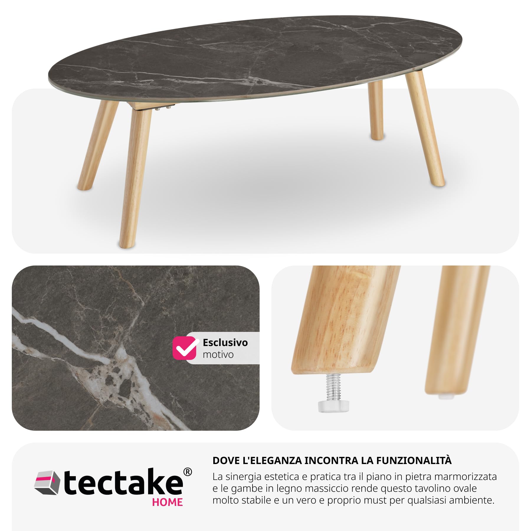 tectake® Tavolino da Salotto, Tavolo da Giardino, Tavolo da Caffè Ovale per Interno ed Esterno, Tavolino Effetto Marmo con Gambe in Legno Massiccio, 100x50x34,5 cm - Naturale