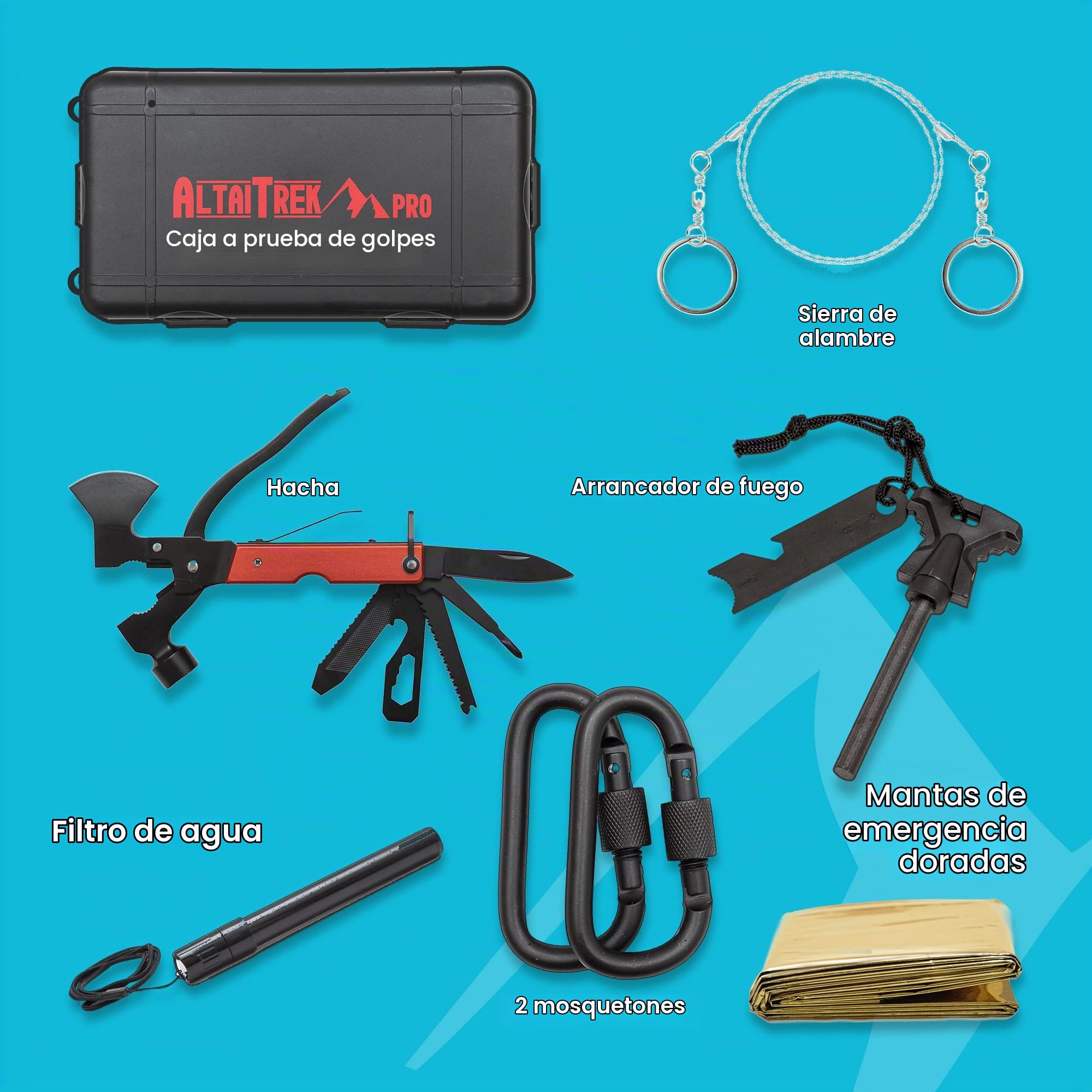 Kit de Supervivencia con Cuchillo, Manta Térmica, Flintlock, Bolígrafo de Defensa Personal, Hacha Multifunción | para Camping, Rescate | El único con Filtro de Agua de Emergencia