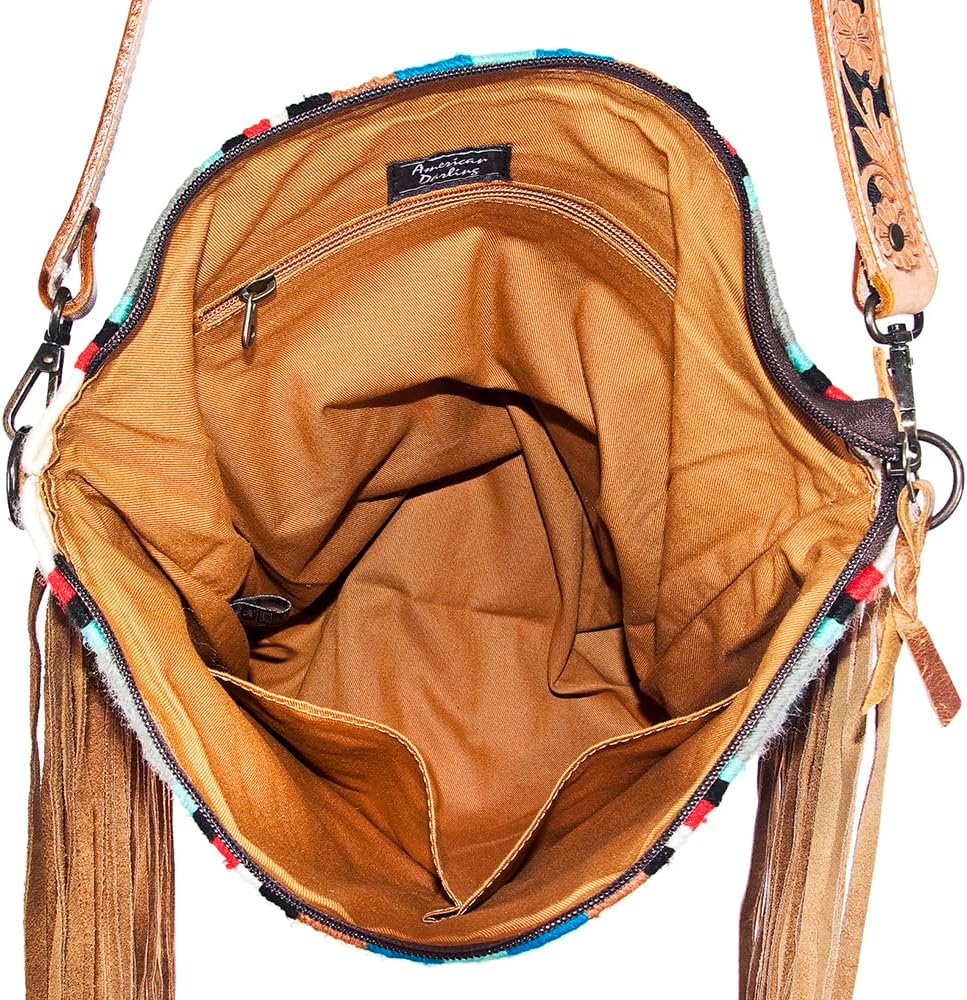 American Darling Messenger Bag - Genuine Leather Western Handbag with Hand Tooled Floral Strap, Saddle Blanket & Fringe