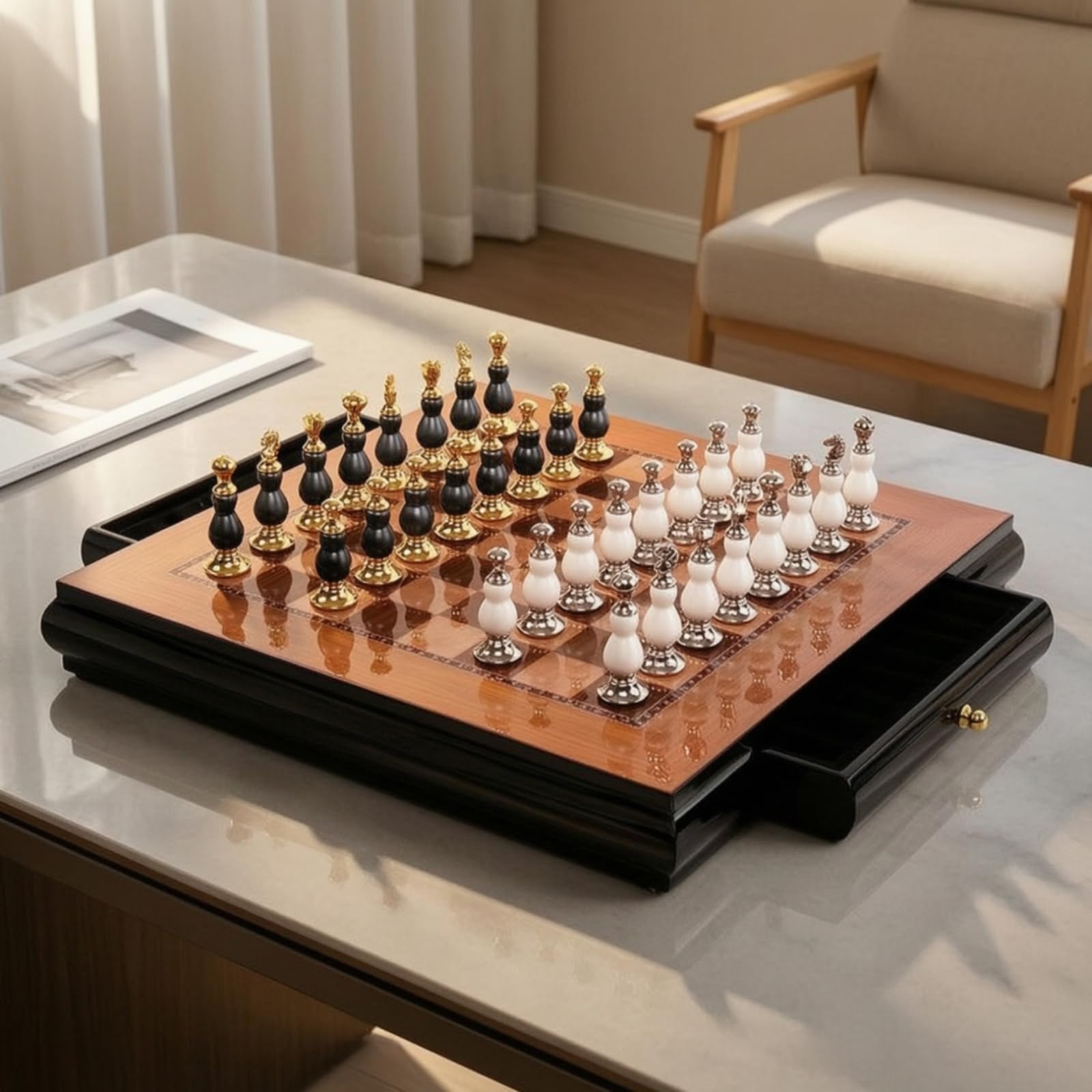 Ajedrez Tablero Juego con Tablero de Madera Juego de Piezas Cajones Superficie Reluciente y Estilo Sofisticado Adecuado para Amigos Hogar Oficina, 40 40 6CM, Borde Recto 7kg